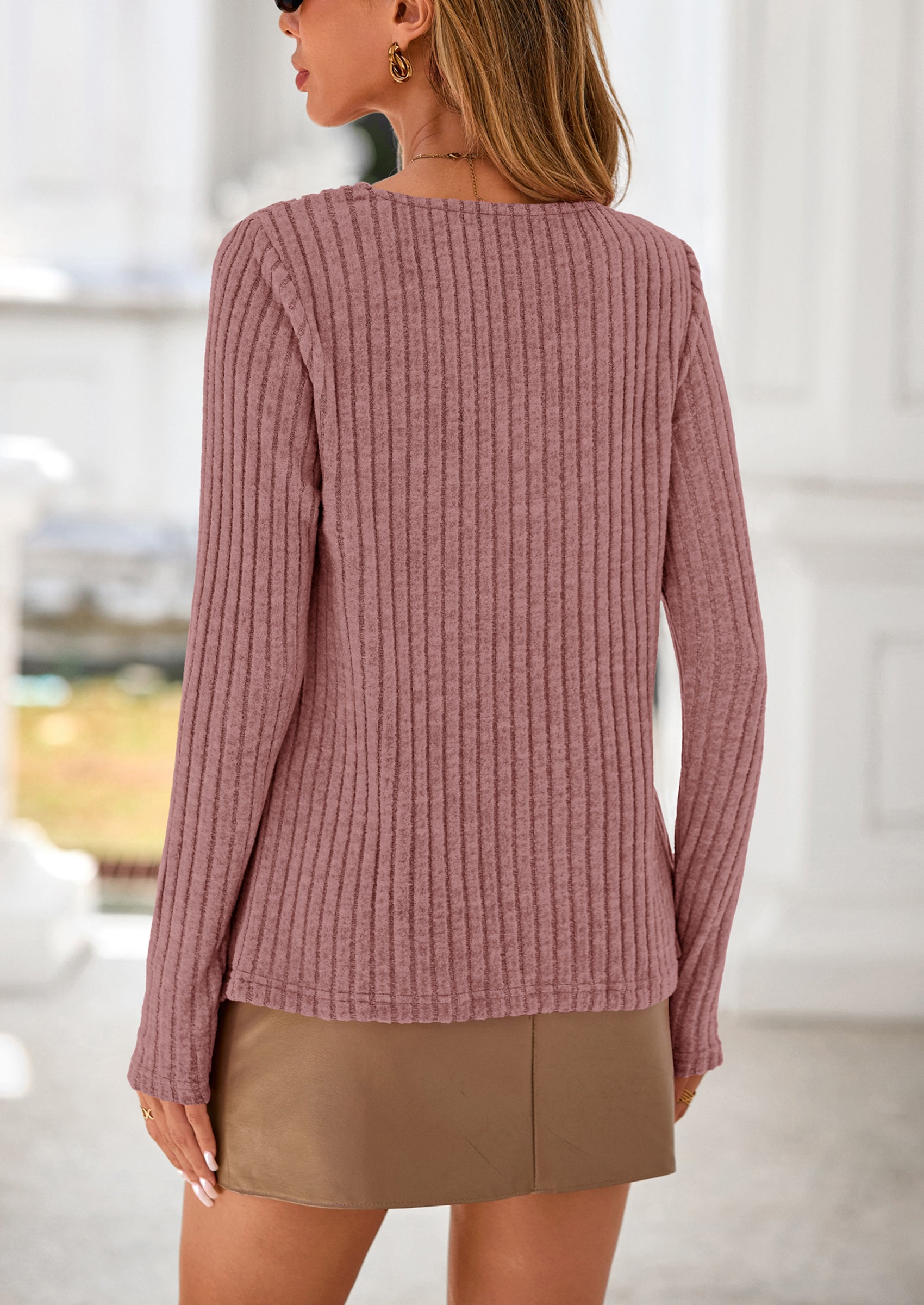 Women's Long Sleeve Shirts Fall Fashion Clothes Casual Ribbed V Neck Loose Tunic Tops Lightweight Sweaters