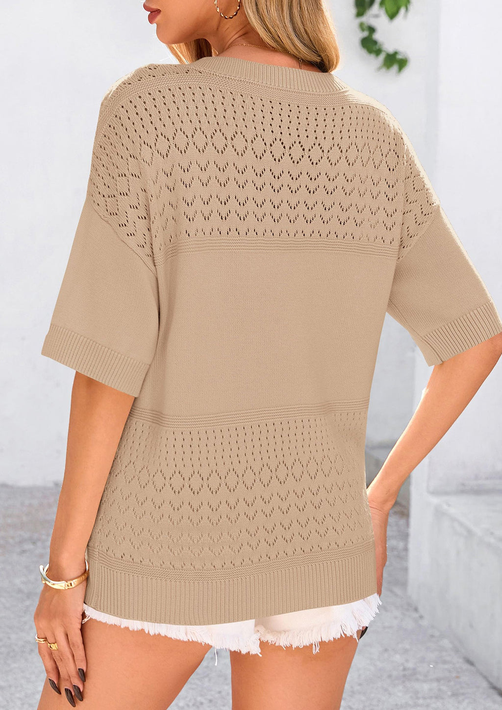 Women's Short Sleeve Sweater Tops Spring Summer Casual V Neck Ribbed Knit Trendy Eyelet Blouse T Shirts