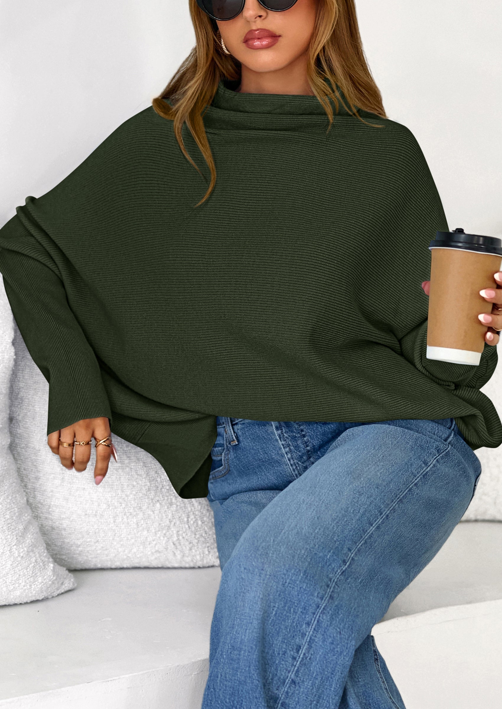 Womens Sweaters Fall Fashion Casual Loose Turtleneck Batwing Long Sleeve Knit Sweater Pullover Tops