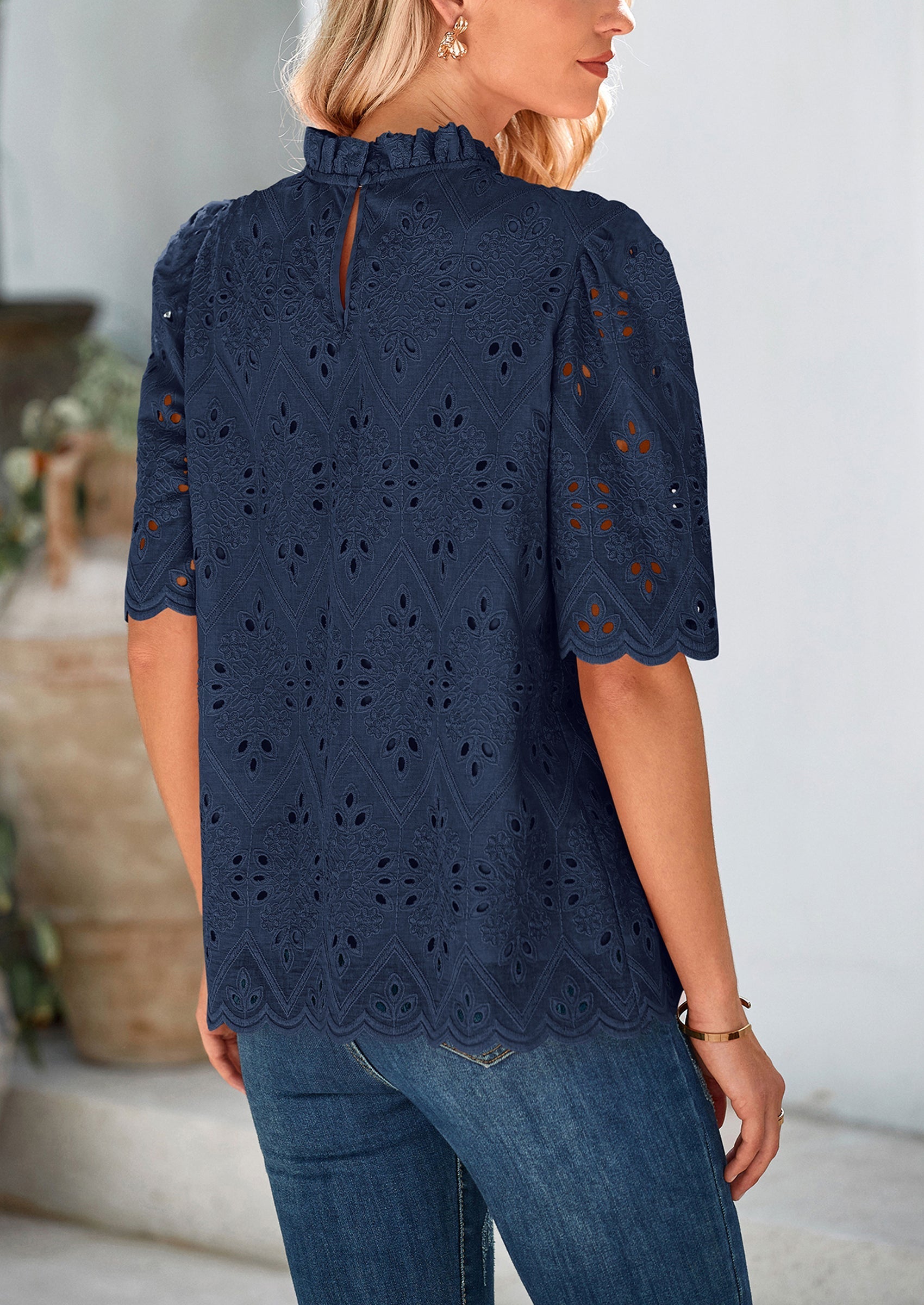 Womens Summer Tops Trendy Short Sleeve Eyelet Embroidered Dressy Casual Blouse Shirts