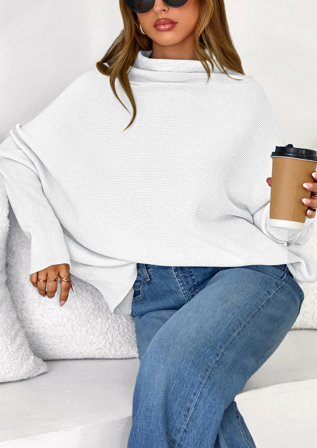 Womens Sweaters Fall Fashion Casual Loose Turtleneck Batwing Long Sleeve Knit Sweater Pullover Tops