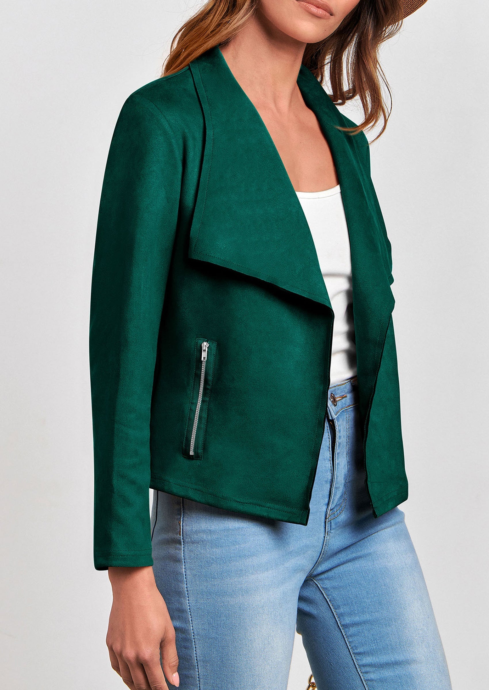 Women's Faux Suede Jackets Fashion Fall Clothes Long Sleeve Open Front Cropped Coat Outwear