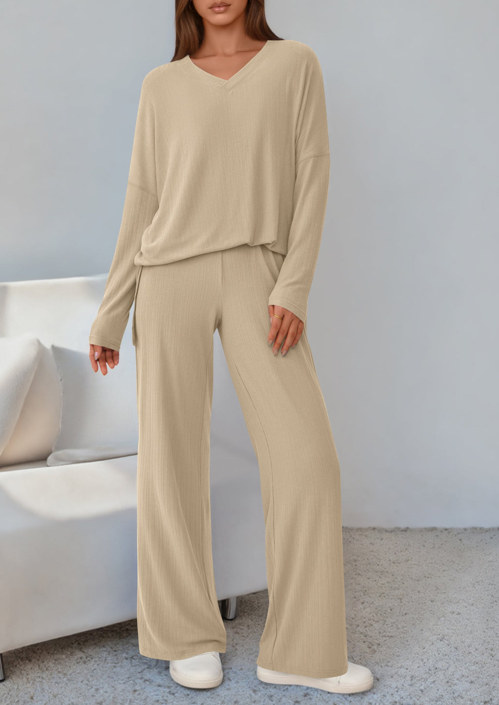 2 Piece Lounge Sets for Women Fall Outfits Casual Loose Long Sleeve Tops Wide Leg Pants Matching Pajama Set