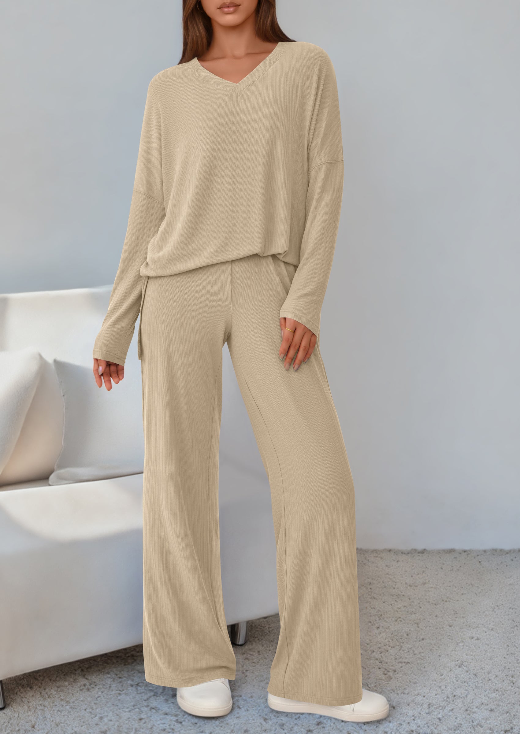 2 Piece Lounge Sets for Women Fall Outfits Casual Loose Long Sleeve Tops Wide Leg Pants Matching Pajama Set