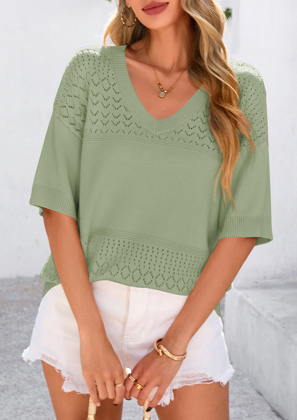 Women's Short Sleeve Sweater Tops Spring Summer Casual V Neck Ribbed Knit Trendy Eyelet Blouse T Shirts