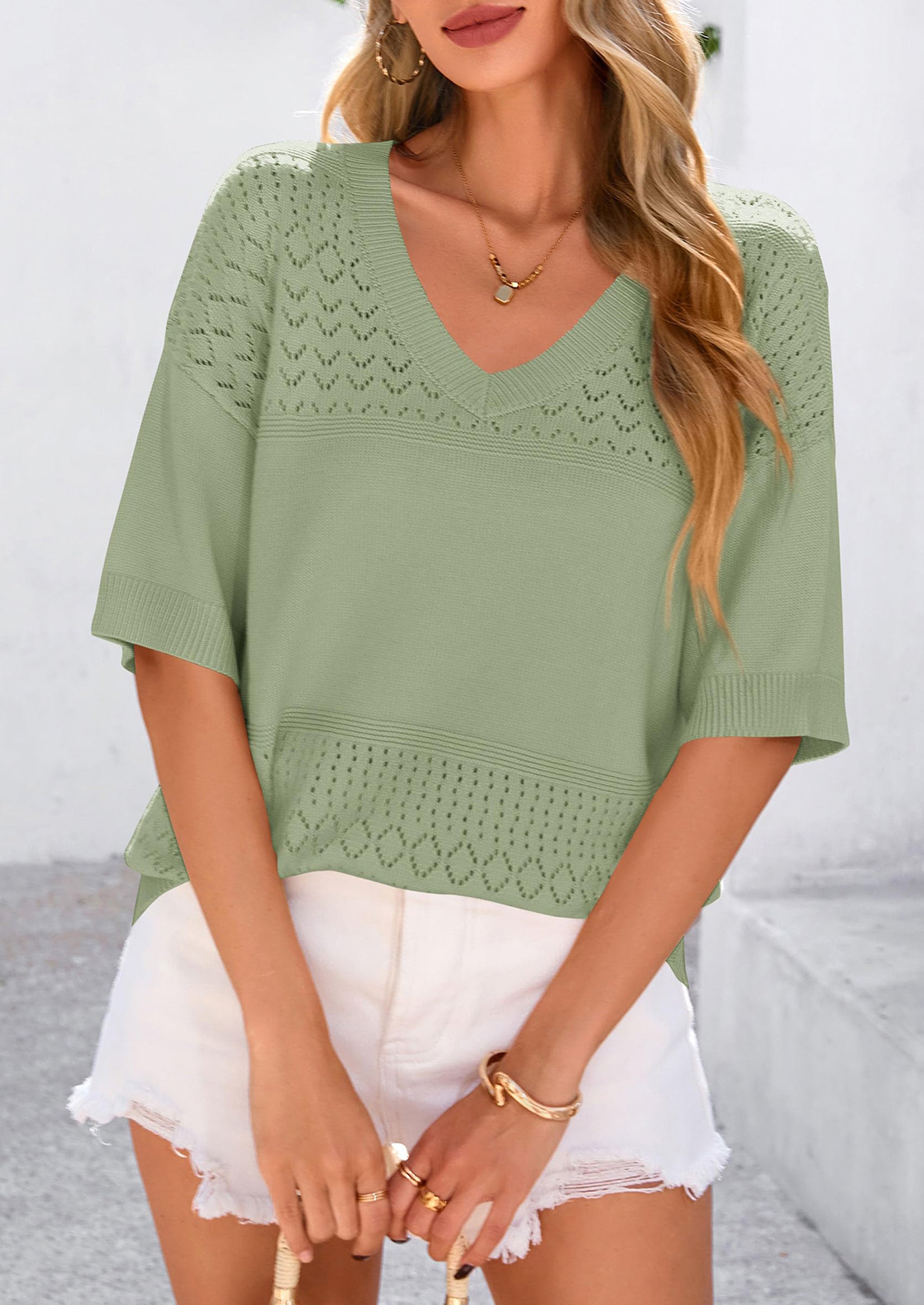 Women's Short Sleeve Sweater Tops Spring Summer Casual V Neck Ribbed Knit Trendy Eyelet Blouse T Shirts