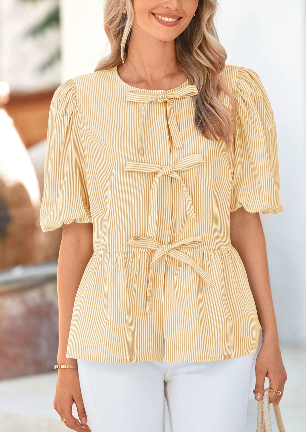 Women's Tie Front Striped Shirt Summer Trendy Fashion Cute Babydoll Tops Peplum Puffy Sleeve Blouse