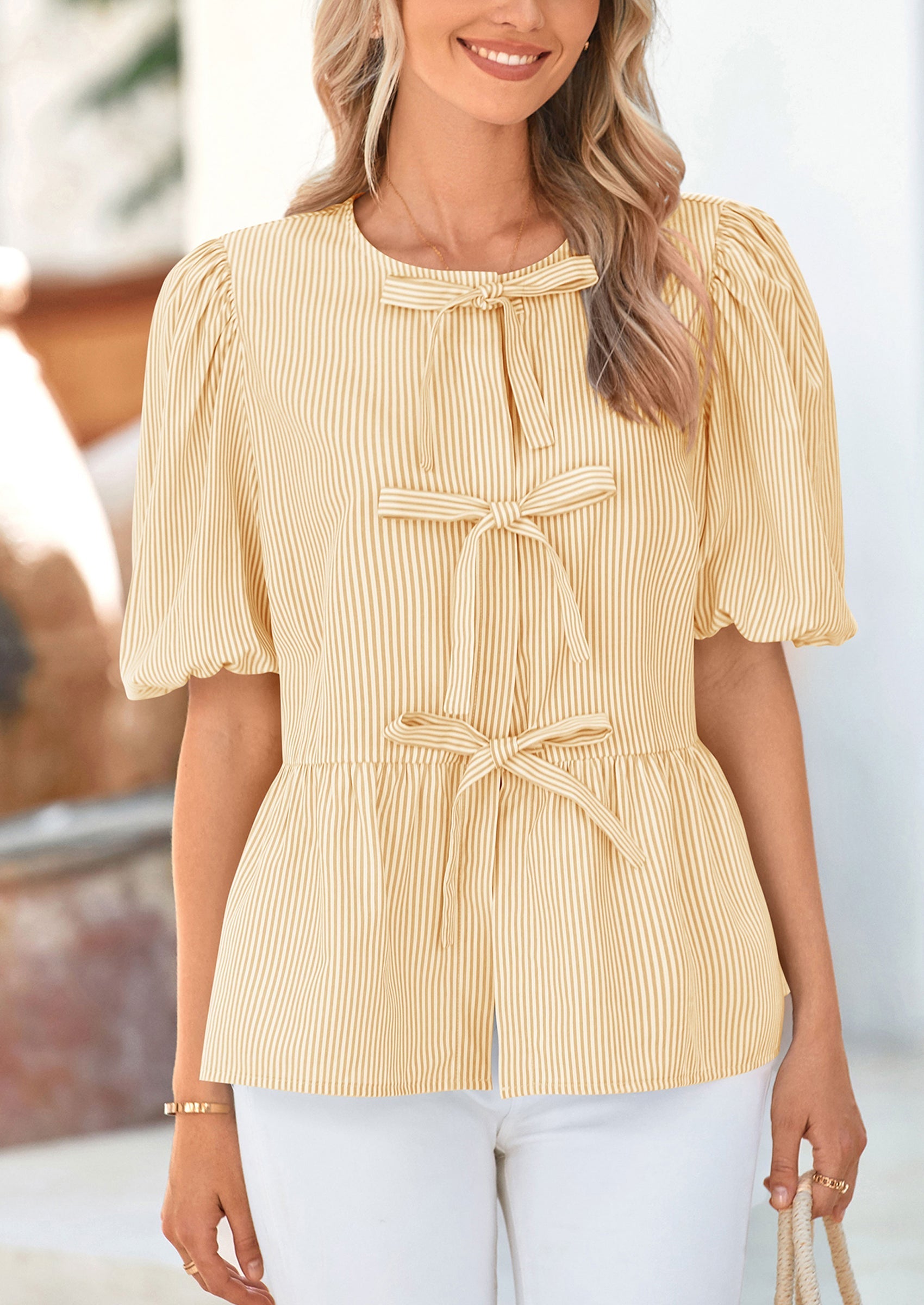 Women's Tie Front Striped Shirt Summer Trendy Fashion Cute Babydoll Tops Peplum Puffy Sleeve Blouse