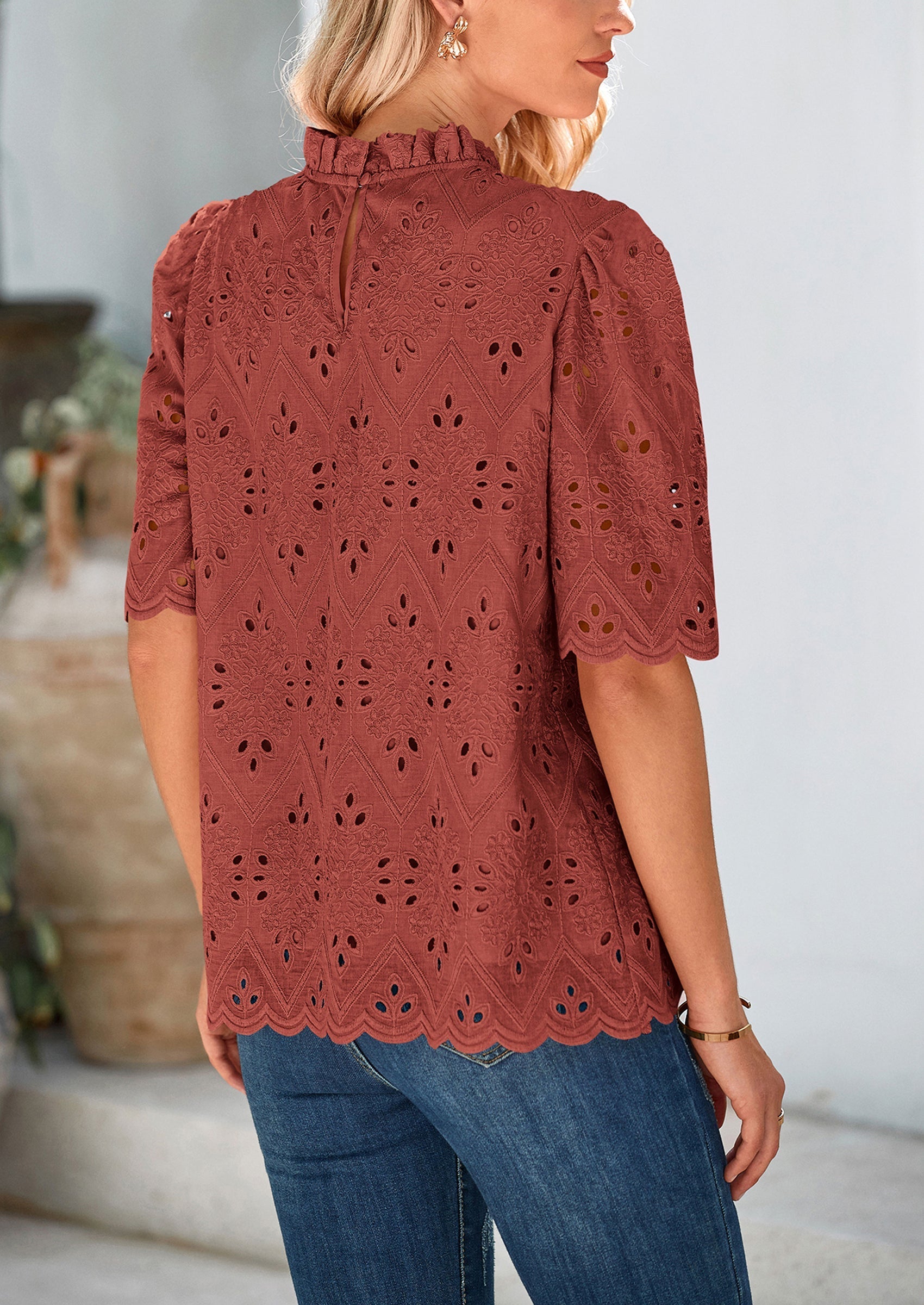Womens Summer Tops Trendy Short Sleeve Eyelet Embroidered Dressy Casual Blouse Shirts