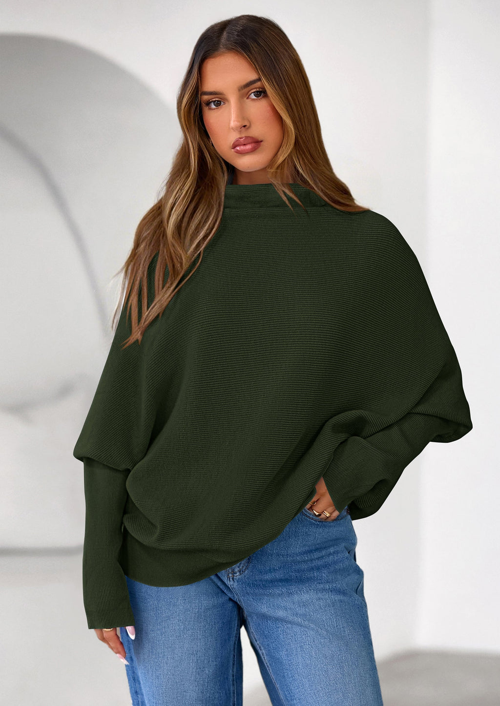 Womens Sweaters Fall Fashion Casual Loose Turtleneck Batwing Long Sleeve Knit Sweater Pullover Tops