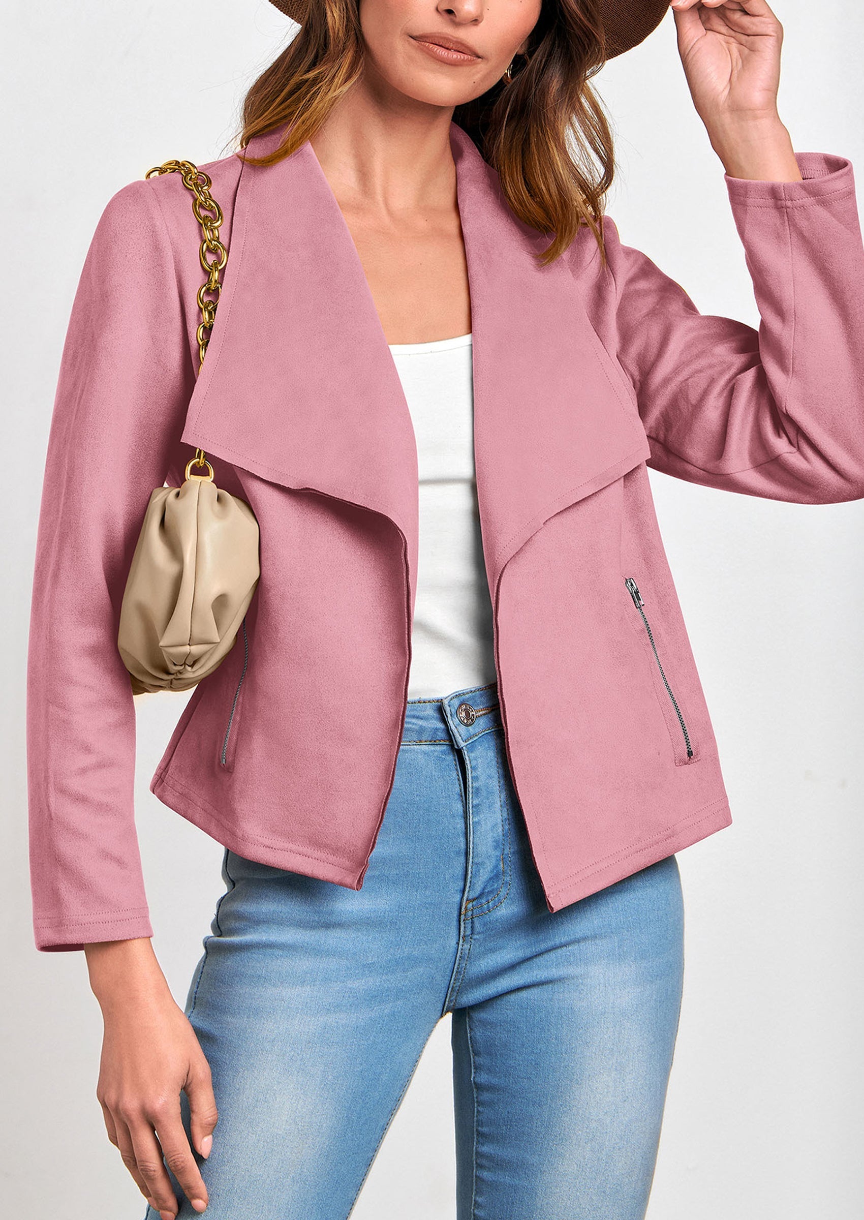 Women's Faux Suede Jackets Fashion Fall Clothes Long Sleeve Open Front Cropped Coat Outwear