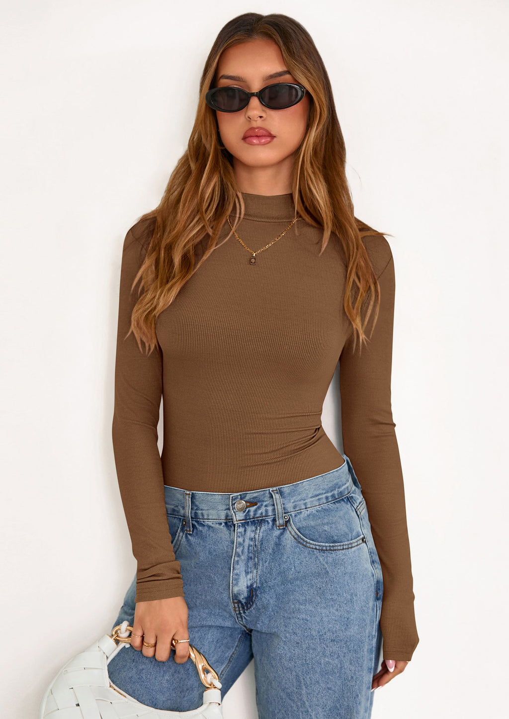 Women's Turtleneck Long Sleeve Shirts Fall Basic Tees Ribbed Fitted Tops Thermal Layering Knit Top Clothes