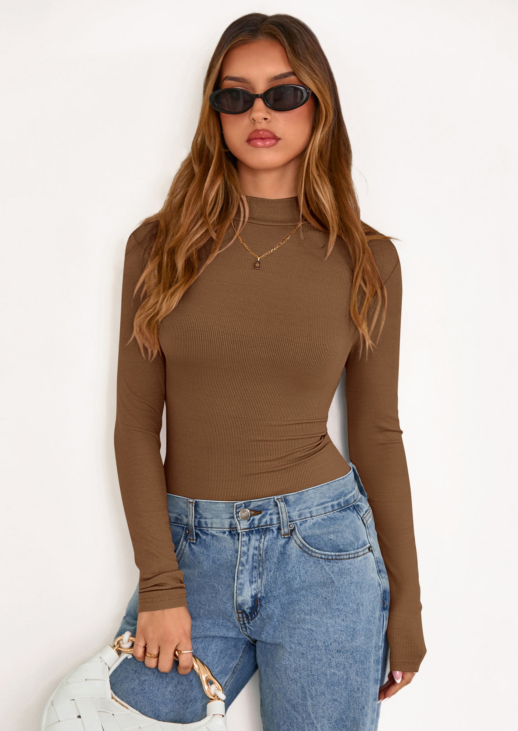 Women's Turtleneck Long Sleeve Shirts Fall Basic Tees Ribbed Fitted Tops Thermal Layering Knit Top Clothes