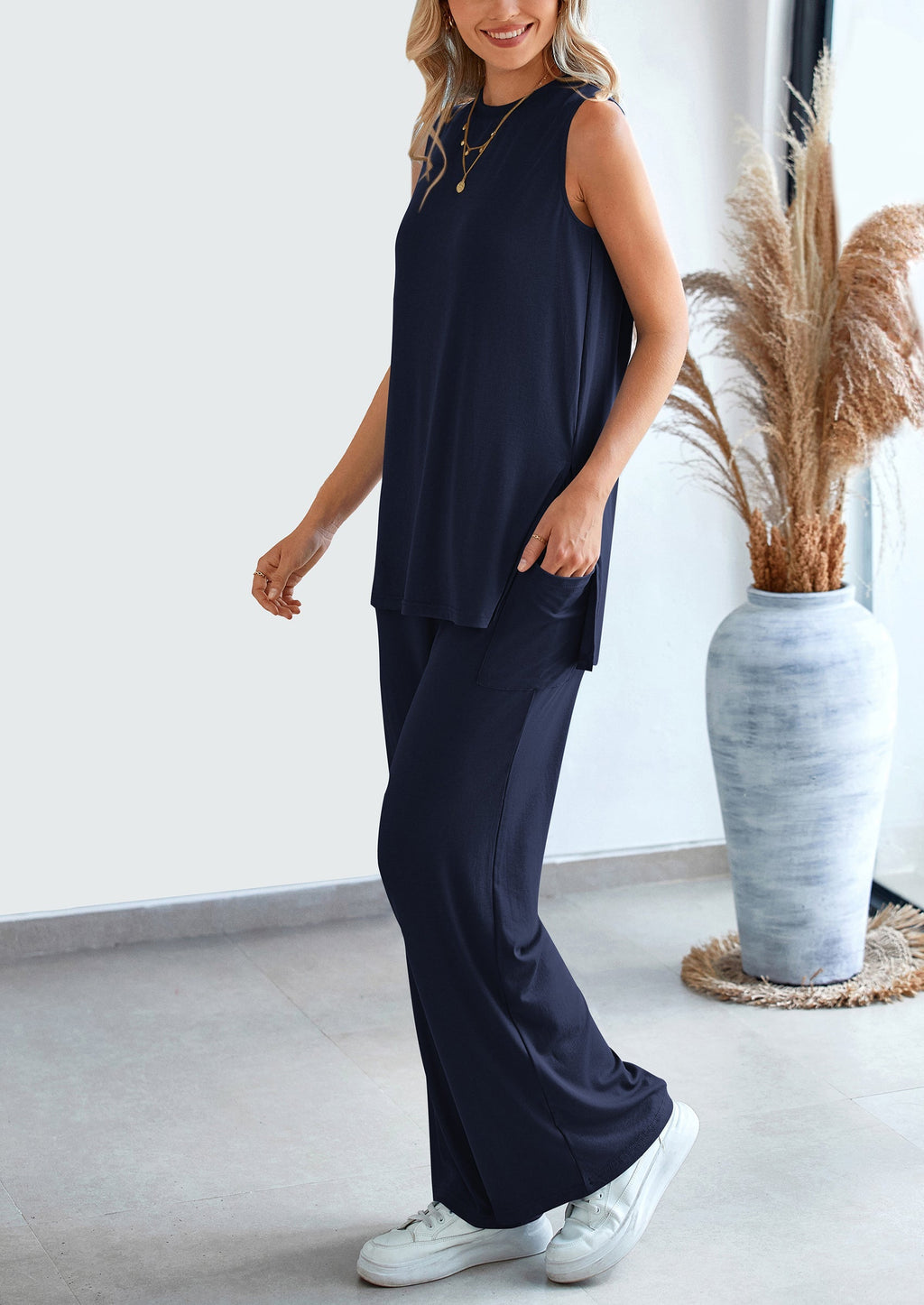 2 Piece Set Loose Tank Top Wide Leg Pants Casual Matching Outfits Tracksuit