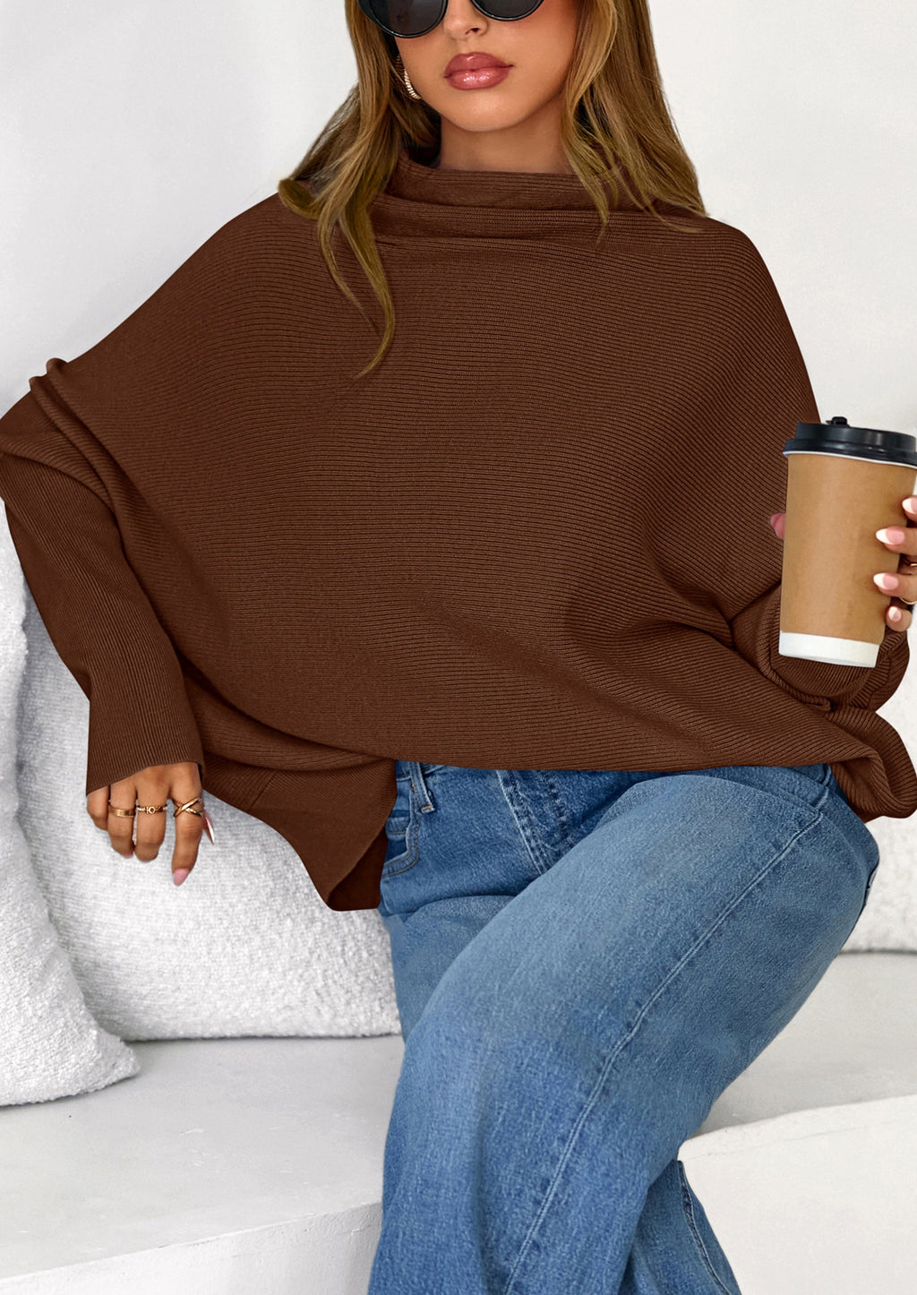 Womens Sweaters Fall Fashion Casual Loose Turtleneck Batwing Long Sleeve Knit Sweater Pullover Tops