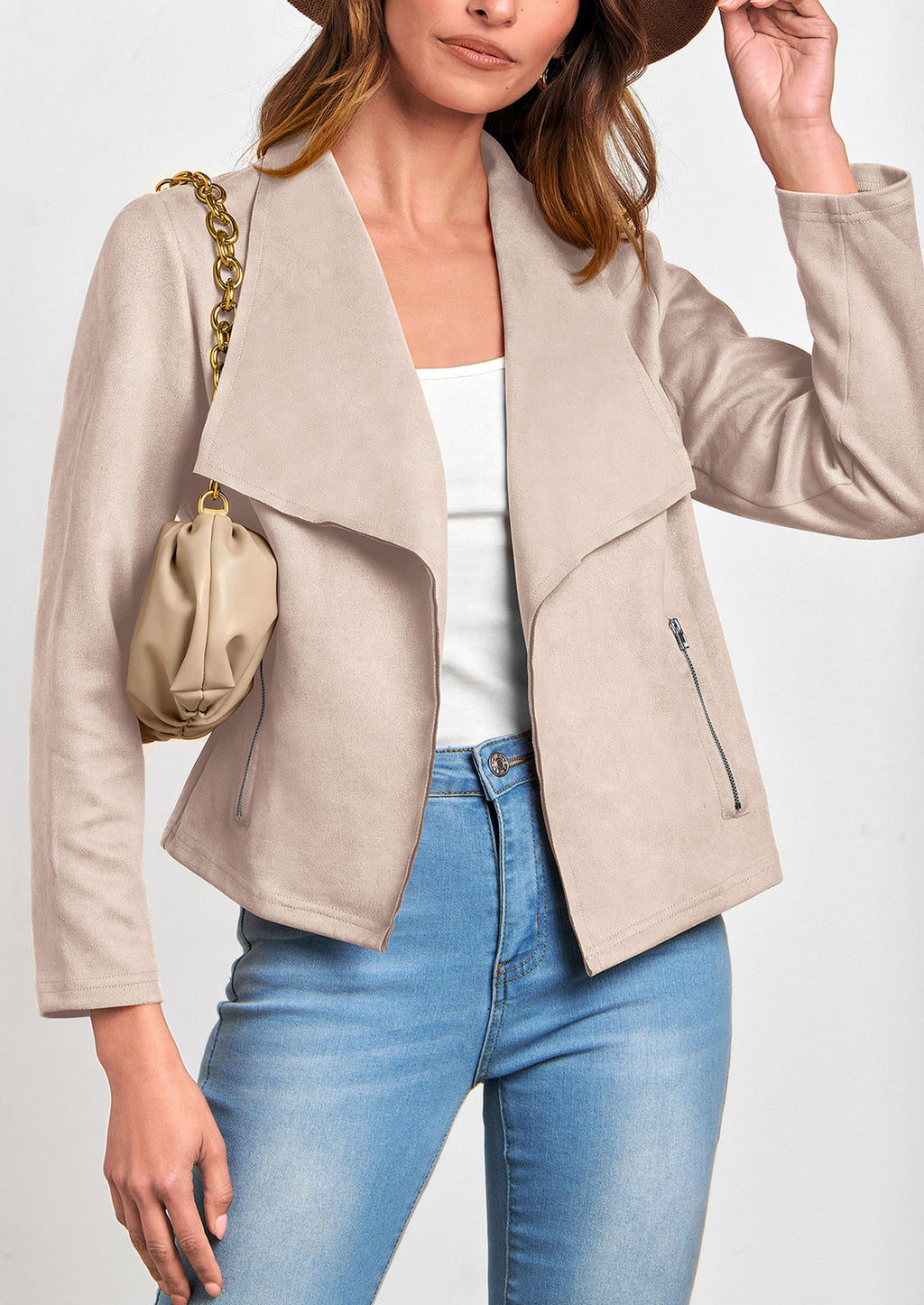 Women's Faux Suede Jackets Fashion Fall Clothes Long Sleeve Open Front Cropped Coat Outwear