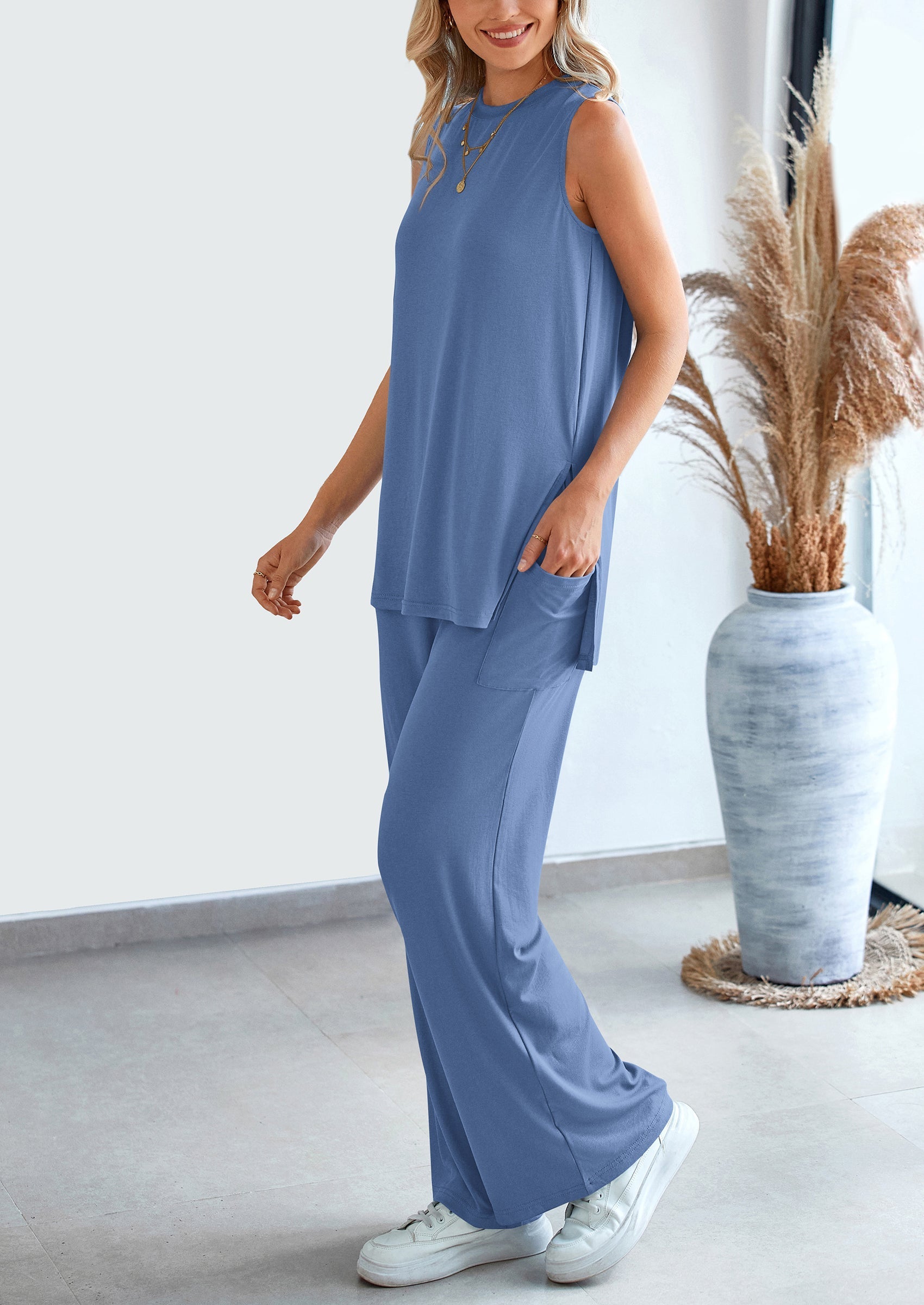 2 Piece Set Loose Tank Top Wide Leg Pants Casual Matching Outfits Tracksuit