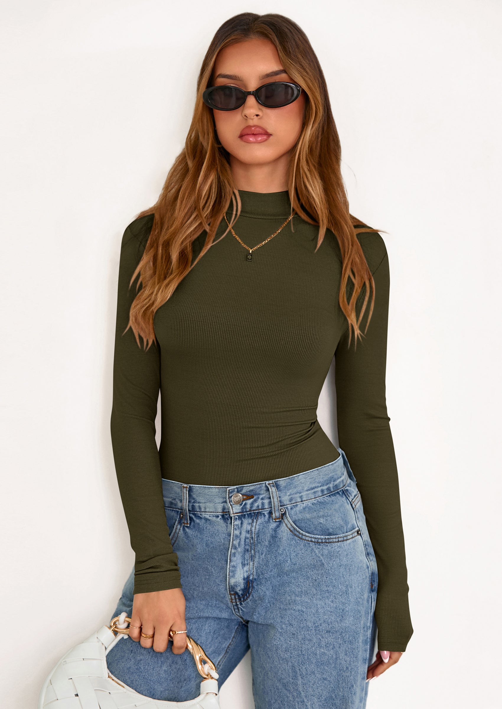 Women's Turtleneck Long Sleeve Shirts Fall Basic Tees Ribbed Fitted Tops Thermal Layering Knit Top Clothes