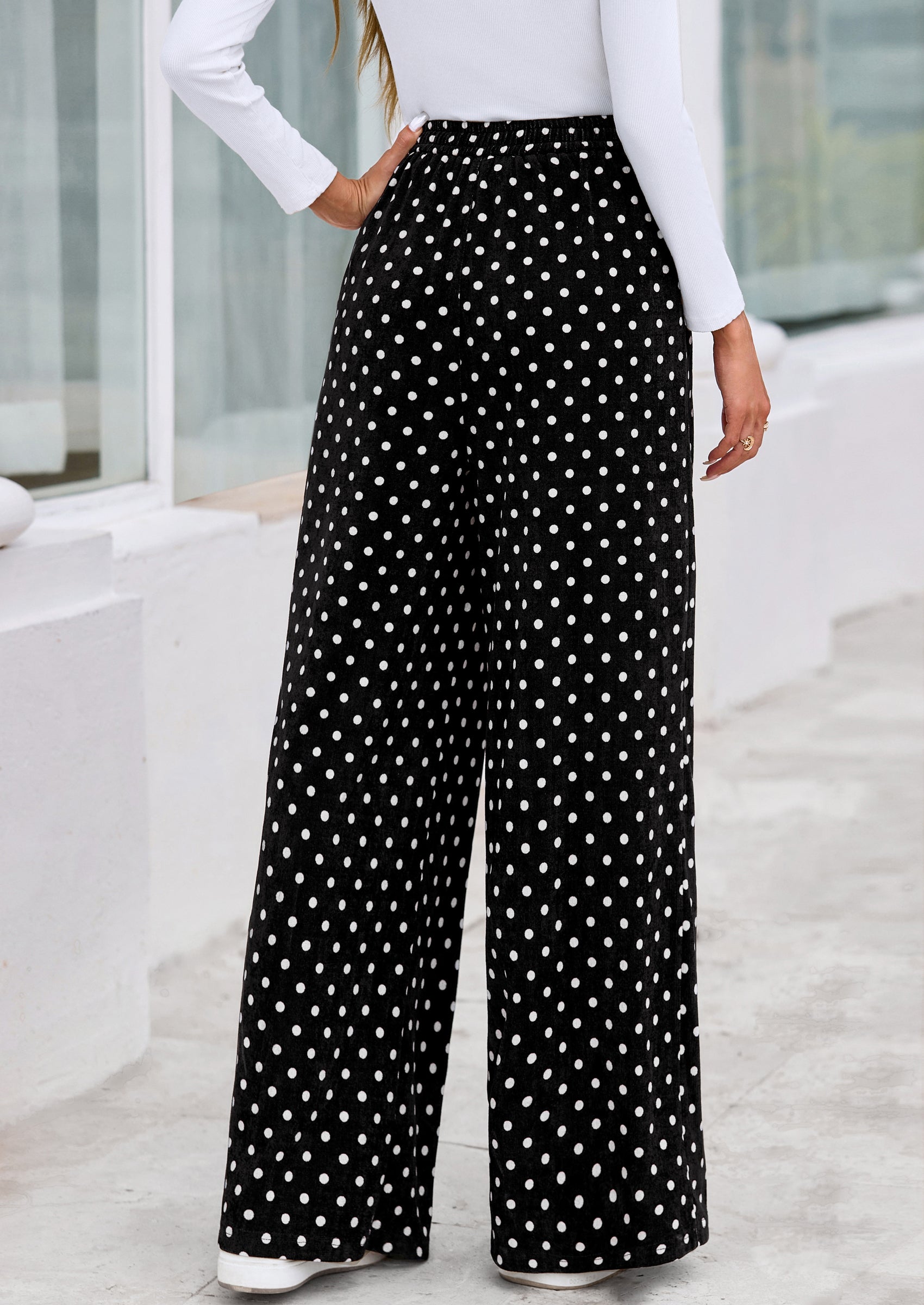 Casual Women's Pants Elastic Waist Palazzo Long Stretchy Wide Leg Trousers Knit Fall Outfits with Pockets