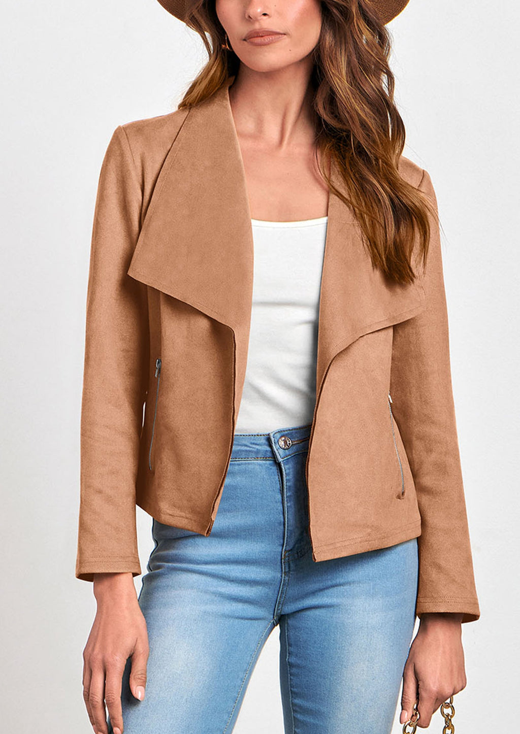 Women's Faux Suede Jackets Fashion Fall Clothes Long Sleeve Open Front Cropped Coat Outwear
