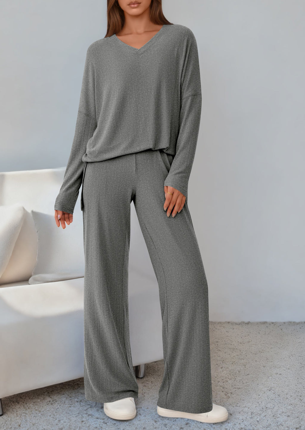 2 Piece Lounge Sets for Women Fall Outfits Casual Loose Long Sleeve Tops Wide Leg Pants Matching Pajama Set