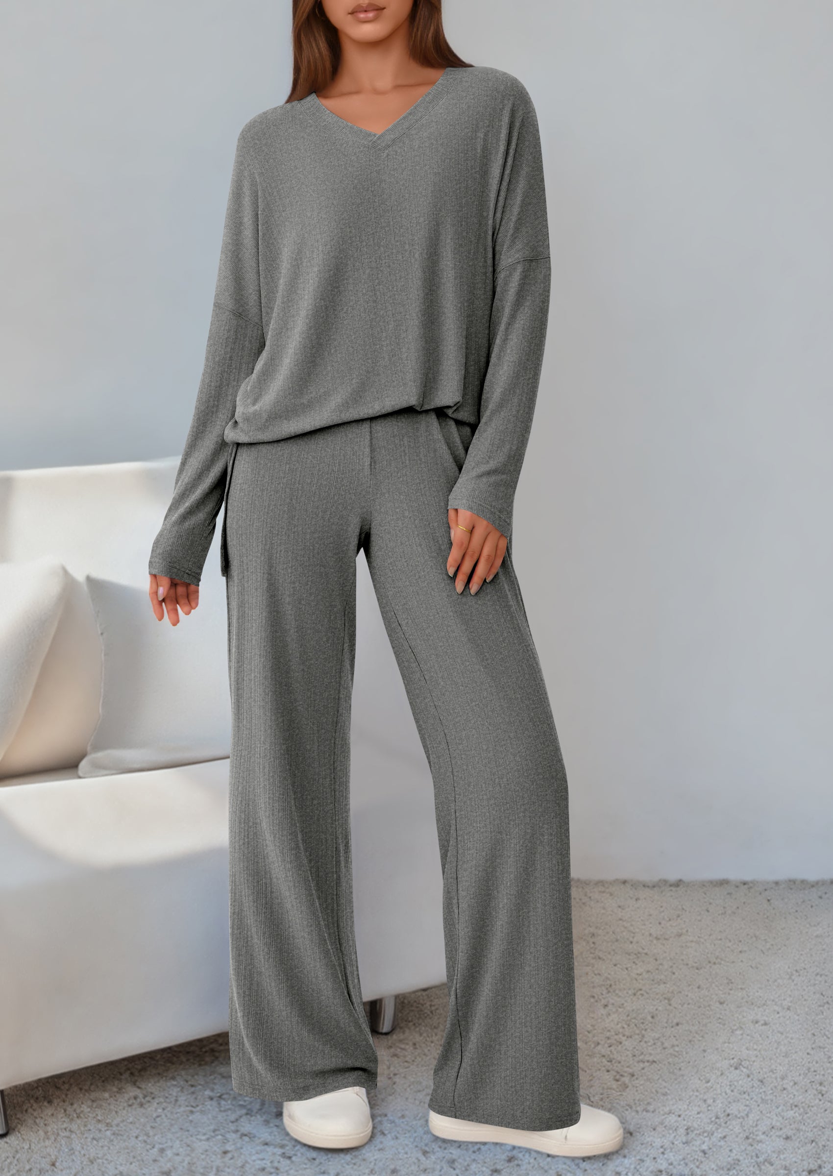 2 Piece Lounge Sets for Women Fall Outfits Casual Loose Long Sleeve Tops Wide Leg Pants Matching Pajama Set