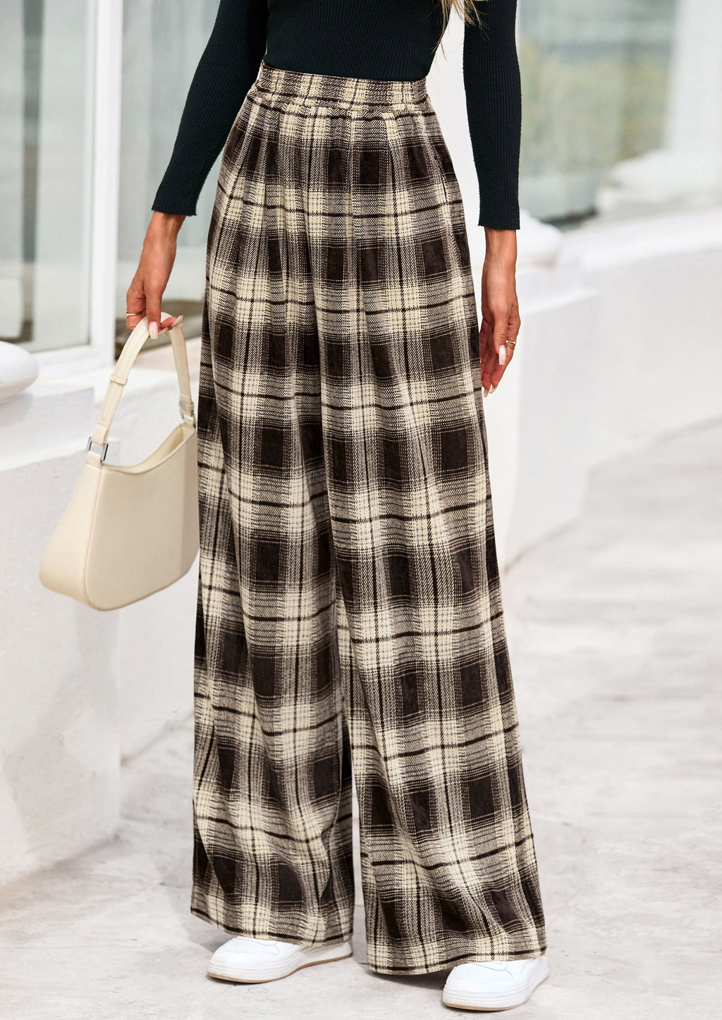 Casual Women's Pants Elastic Waist Palazzo Long Stretchy Wide Leg Trousers Knit Fall Outfits with Pockets