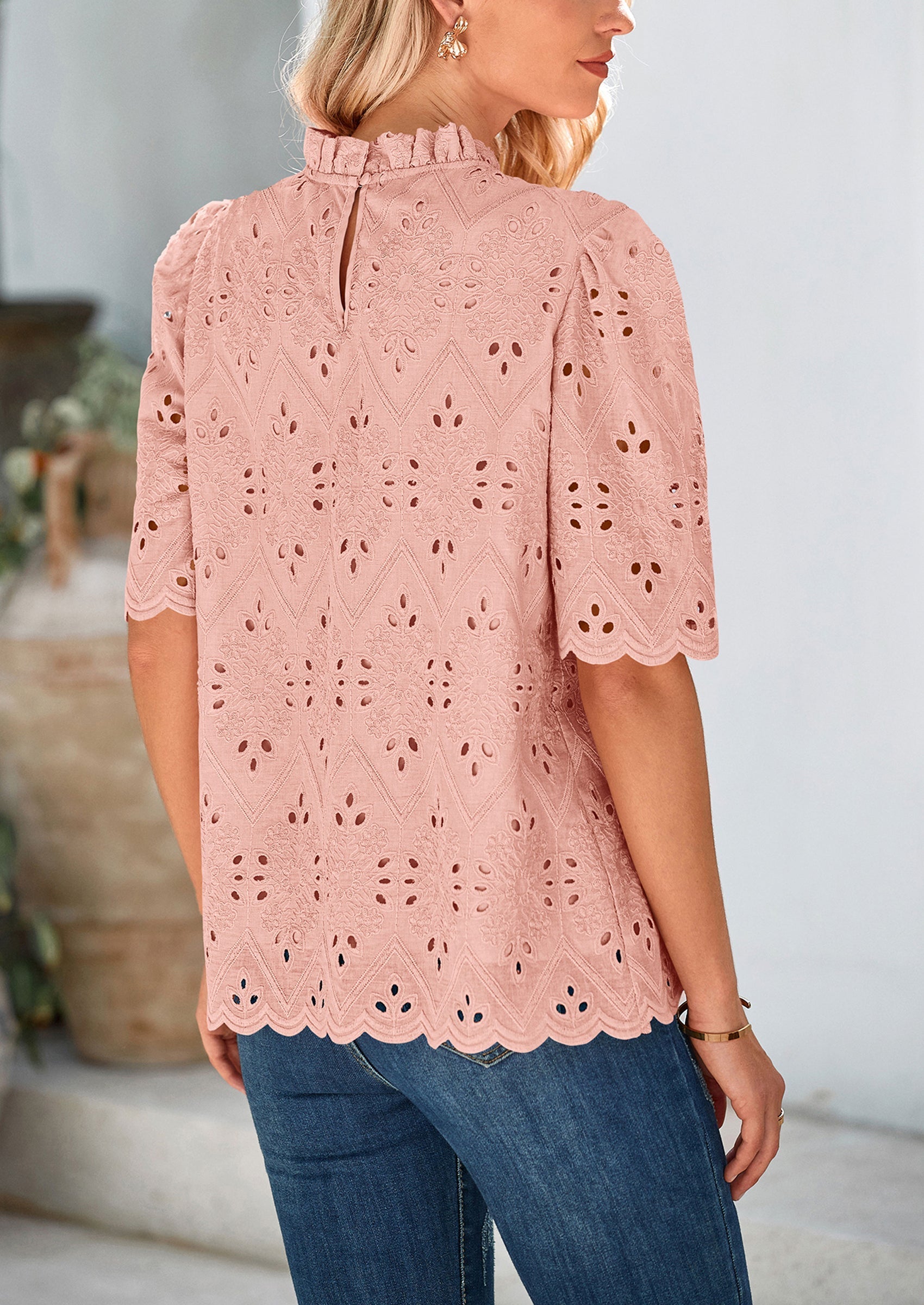 Womens Summer Tops Trendy Short Sleeve Eyelet Embroidered Dressy Casual Blouse Shirts