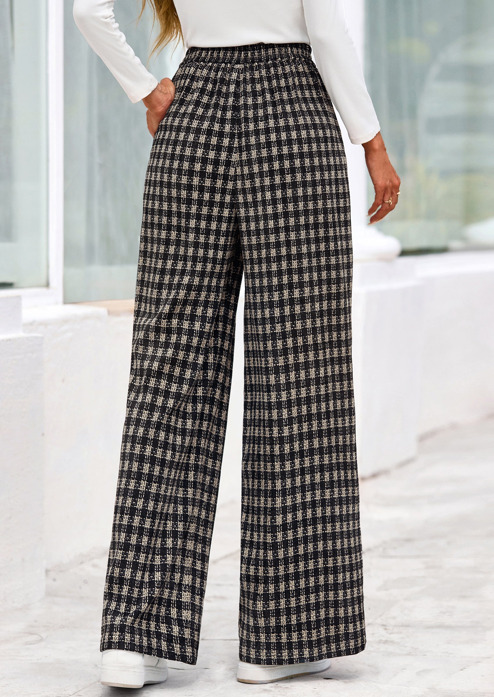 Casual Women's Pants Elastic Waist Palazzo Long Stretchy Wide Leg Trousers Knit Fall Outfits with Pockets