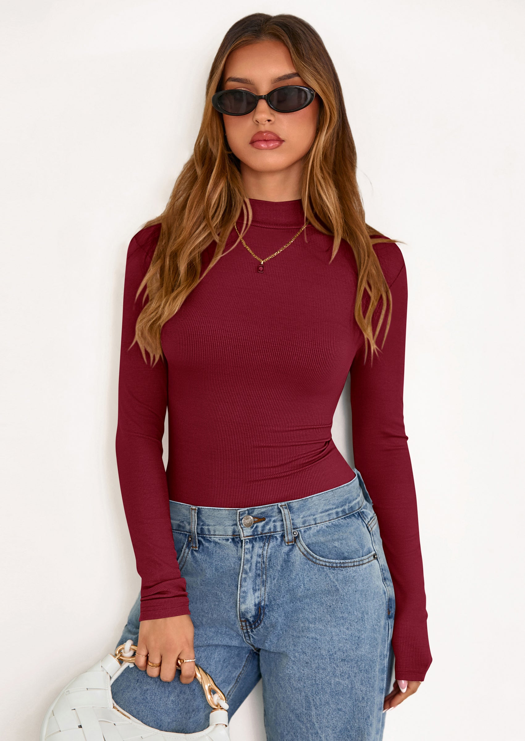 Women's Turtleneck Long Sleeve Shirts Fall Basic Tees Ribbed Fitted Tops Thermal Layering Knit Top Clothes