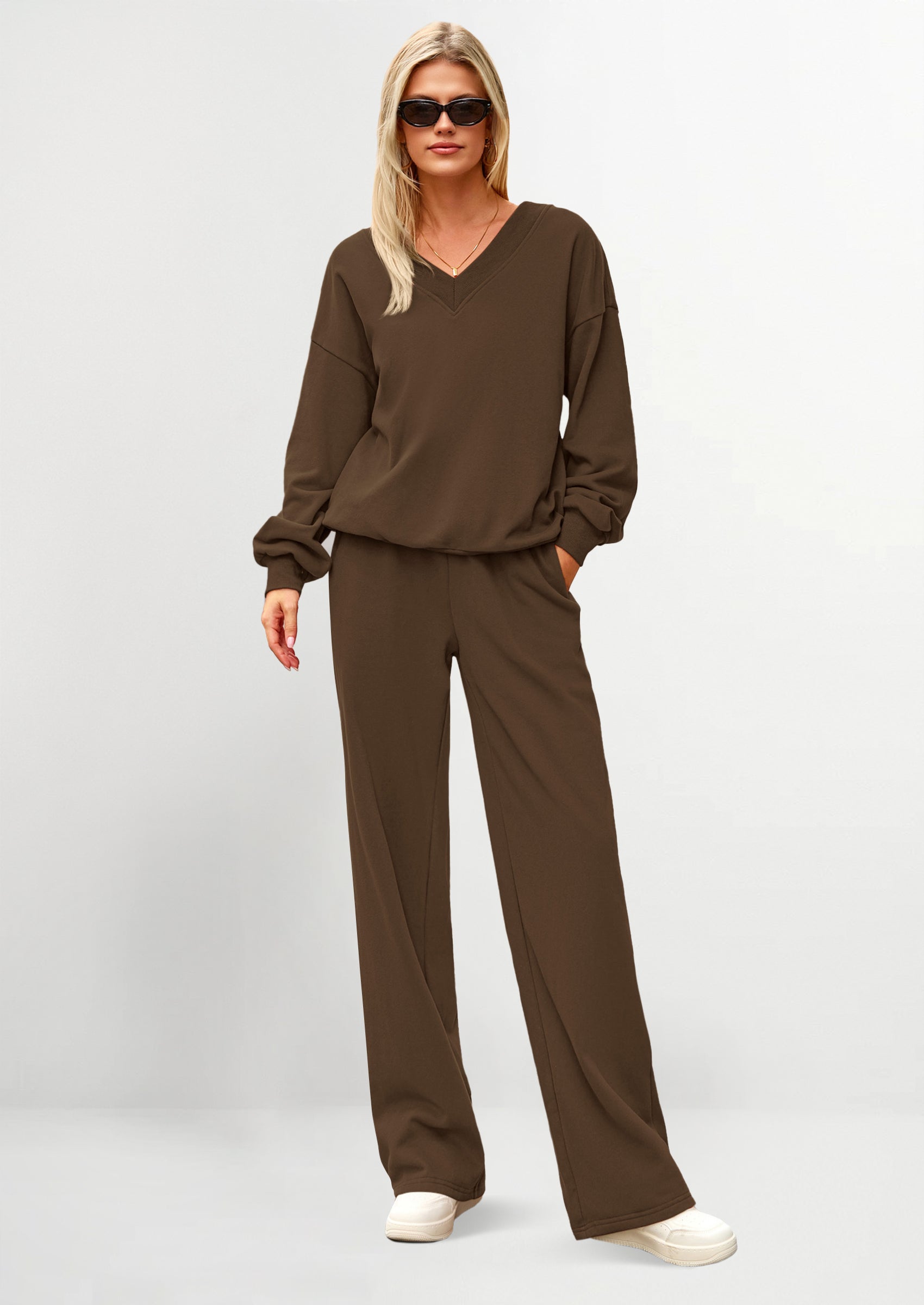 Casual Winter Two Piece Sets for Women V Neck Sweatshirt Loose Wide Leg Pants Tracksuit Knit Fall Outfits