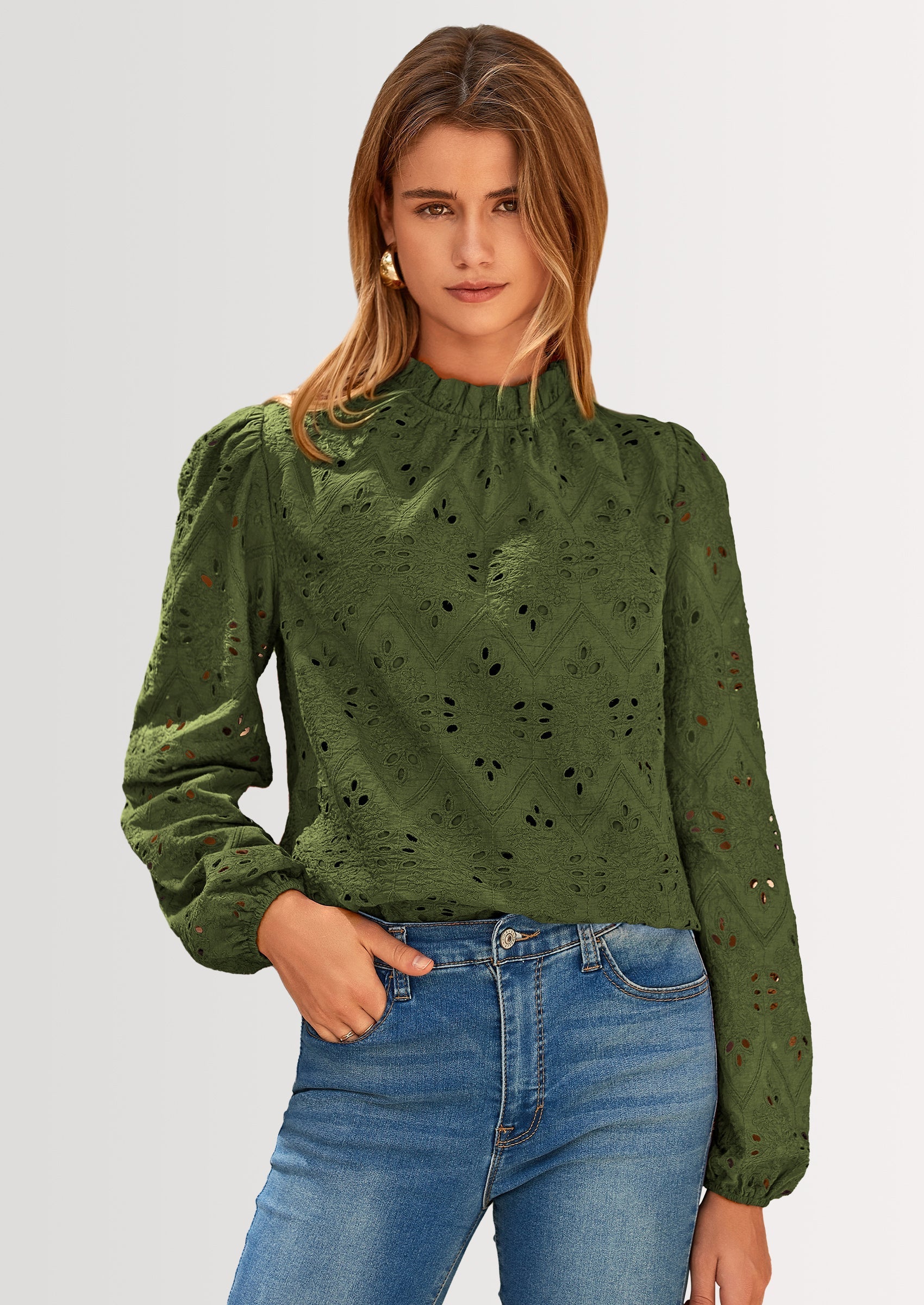 Womens Tops Dressy Casual Spring Long Sleeve Shirts Embroidered Eyelet Blouses Going Out Outfits