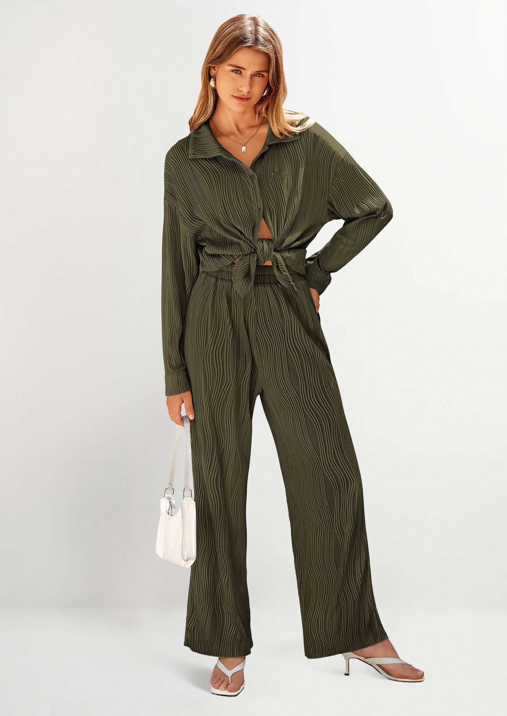 2 Piece Textured Sets Casual Button Down Shirt Wide Leg Pants Outfit Loungewear Tracksuit