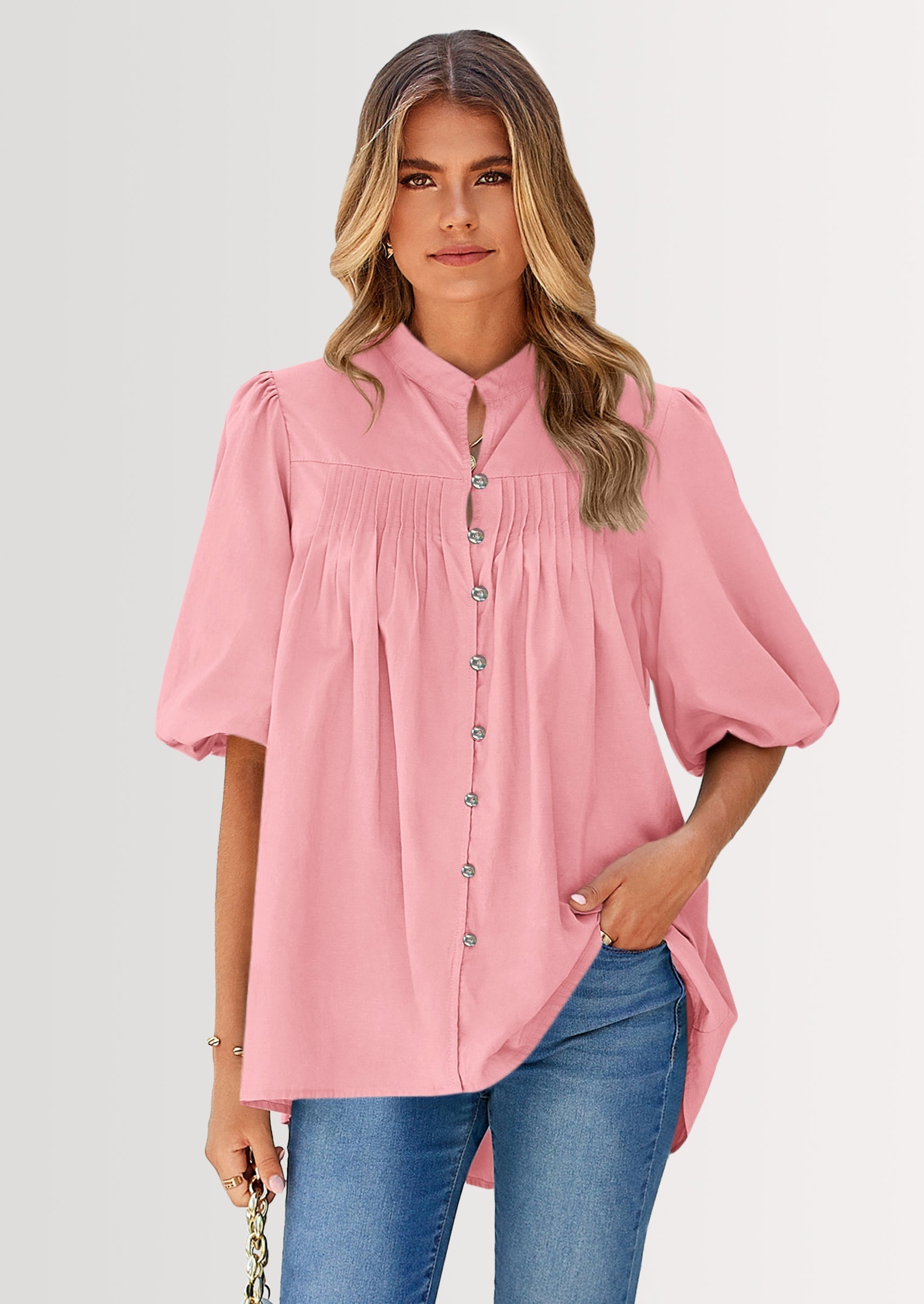 Women's Summer Short Lantern Sleeve Tops Loose Fit Button Down Shirt Casual Pleated V Neck Blouses