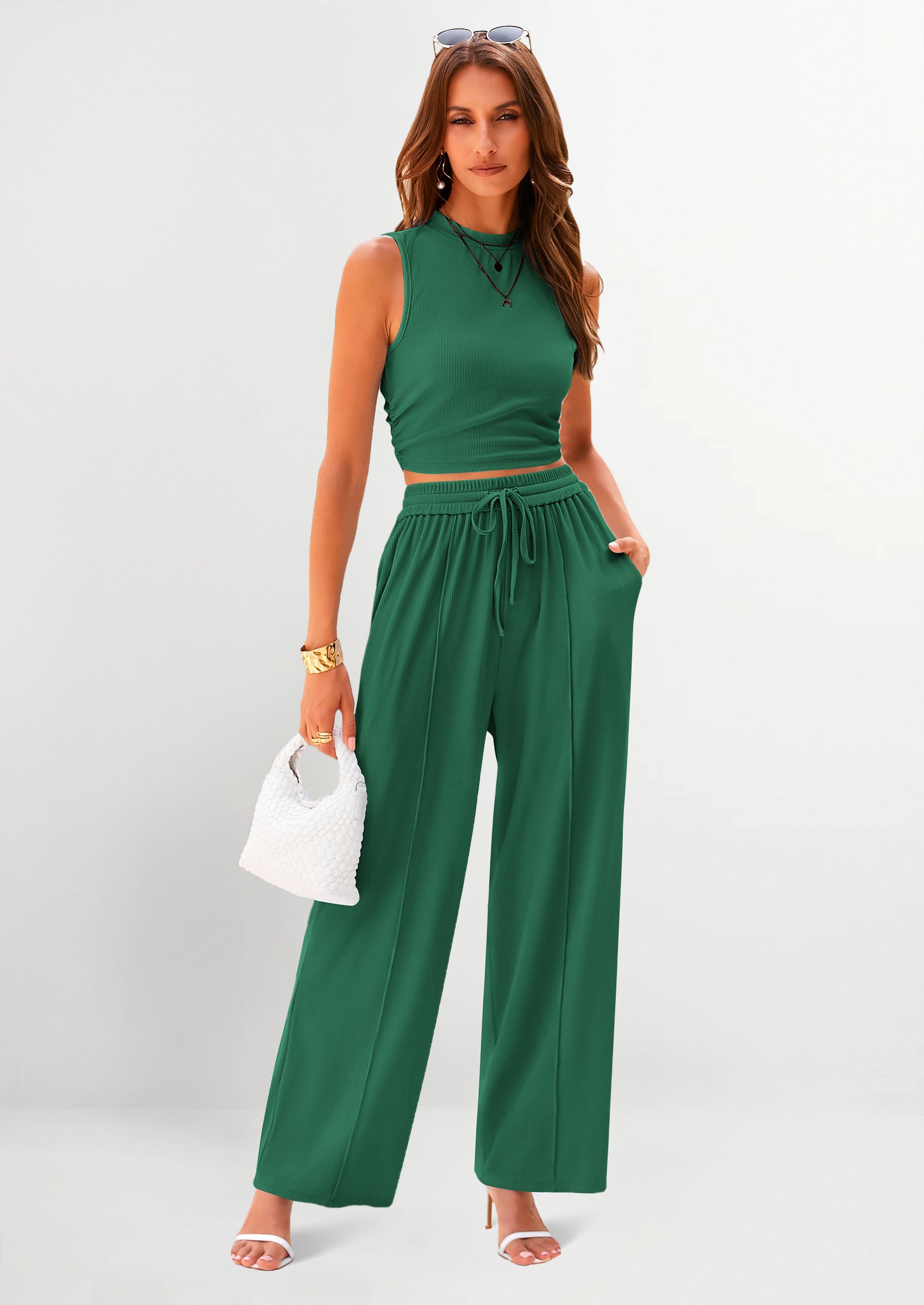 2 Piece Sets Sleeveless Tank Ribbed Travel Vacation Lounge Wear Outfits