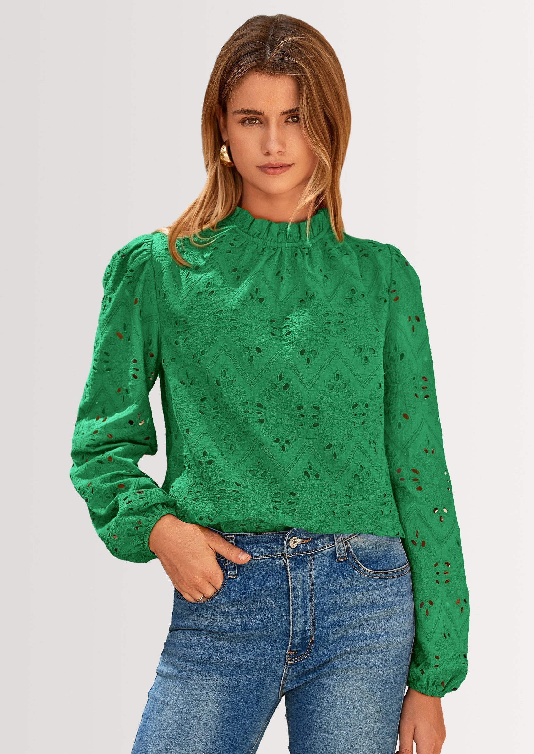 Womens Tops Dressy Casual Spring Long Sleeve Shirts Embroidered Eyelet Blouses Going Out Outfits