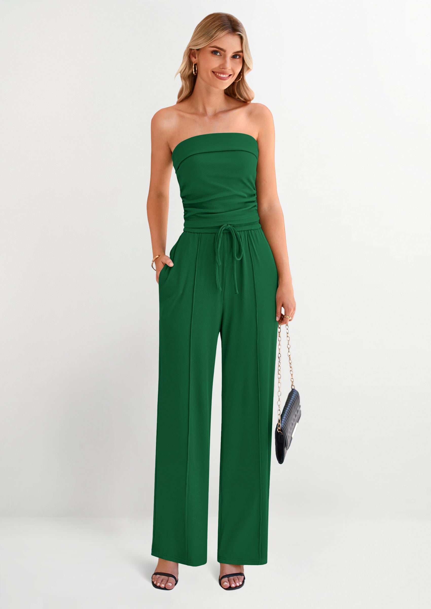 2 Piece Sets Casual Ribbed Knit Crop Tube Top Wide Leg Pants Lounge Set