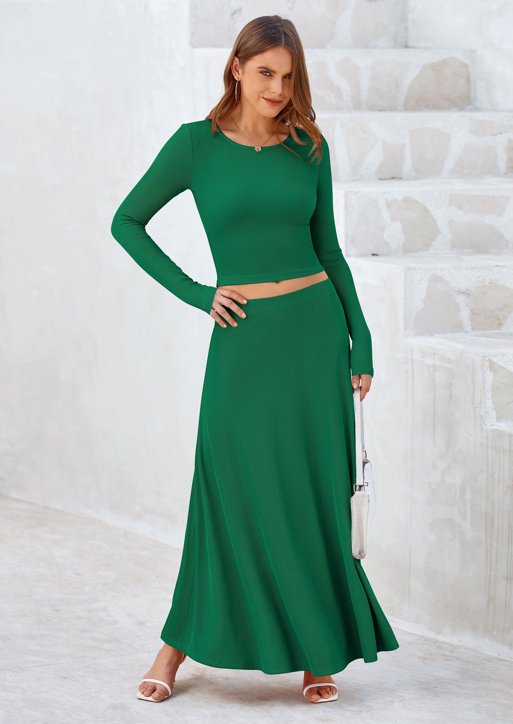 2 Piece Casual Ribbed Knit Long Sleeve Crop Tops Maxi Flowy Skirts Matching Sets