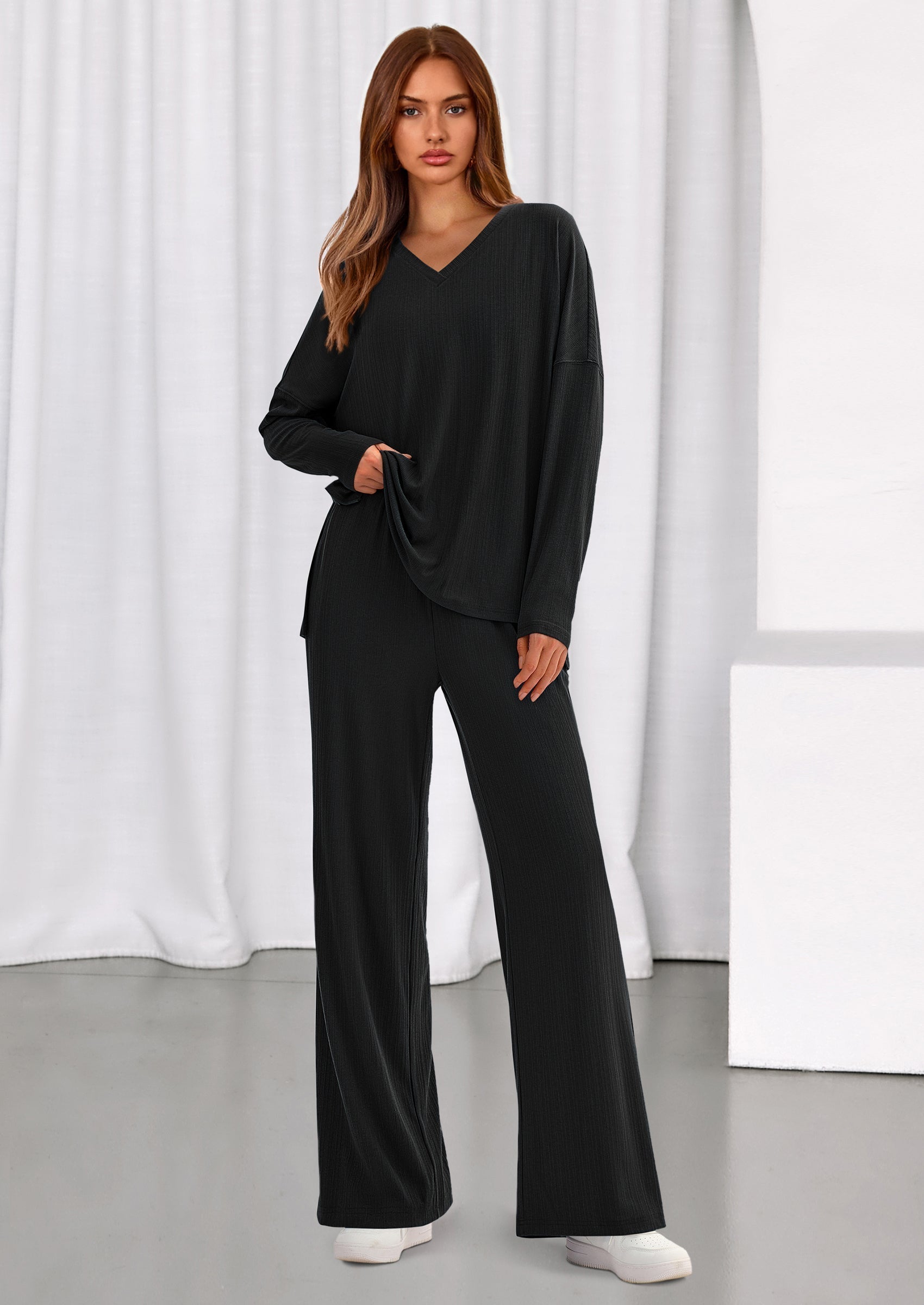 2 Piece Lounge Sets for Women Fall Outfits Casual Loose Long Sleeve Tops Wide Leg Pants Matching Pajama Set