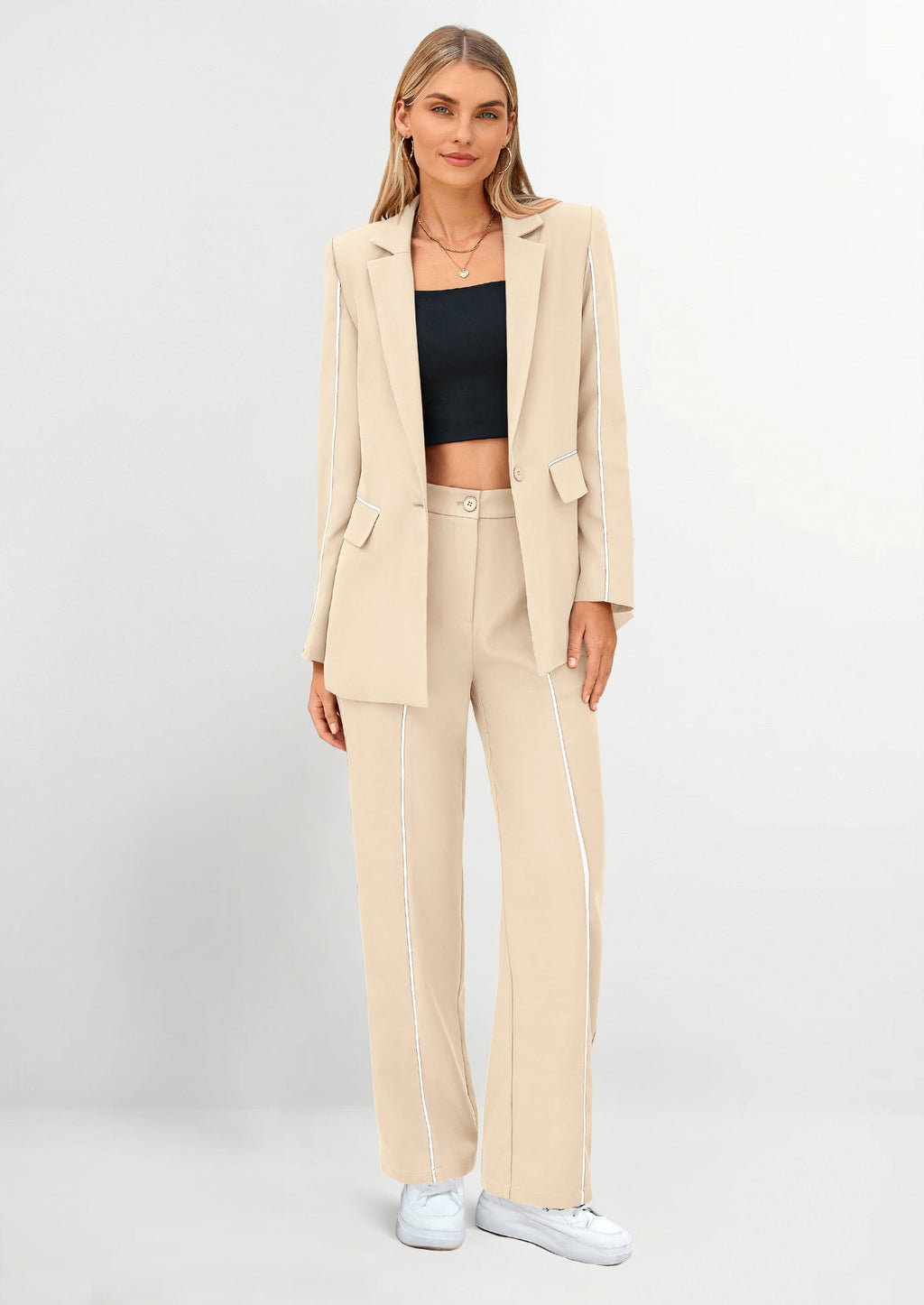 2 Piece Blazer Outfits Business Casual Oversized Jacket Wide Leg Work Pants Dressy Suit Set