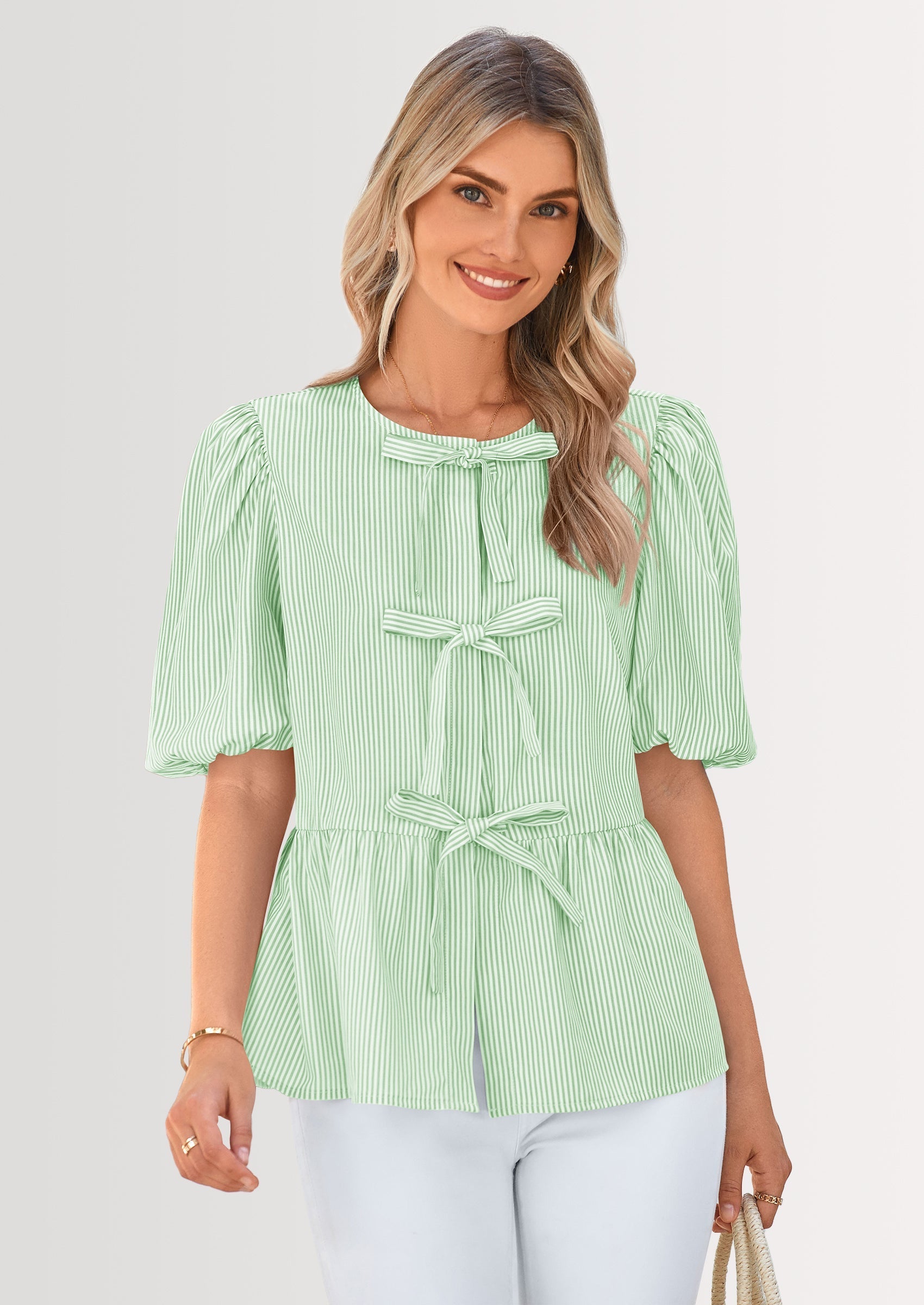 Women's Tie Front Striped Shirt Summer Trendy Fashion Cute Babydoll Tops Peplum Puffy Sleeve Blouse