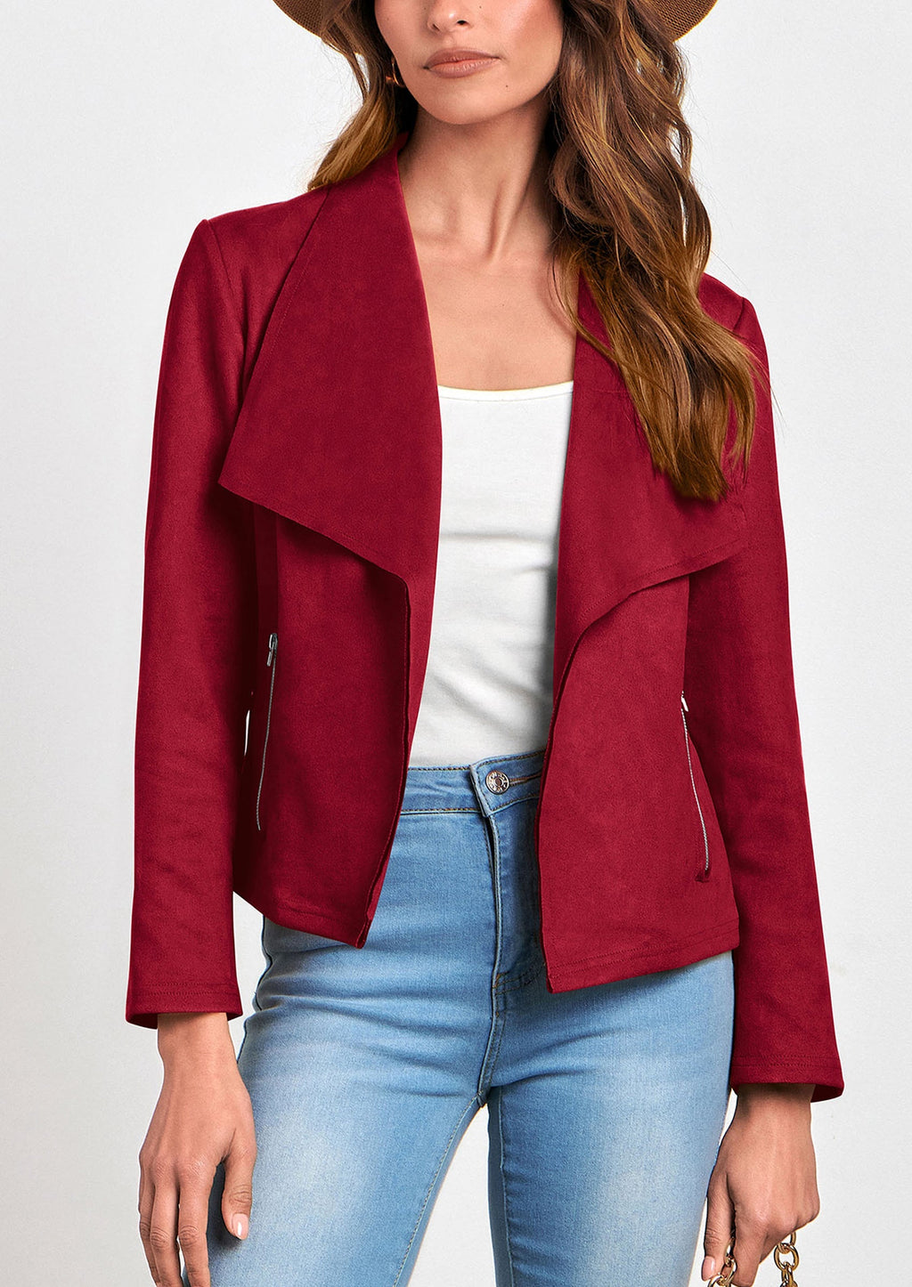 Women's Faux Suede Jackets Fashion Fall Clothes Long Sleeve Open Front Cropped Coat Outwear