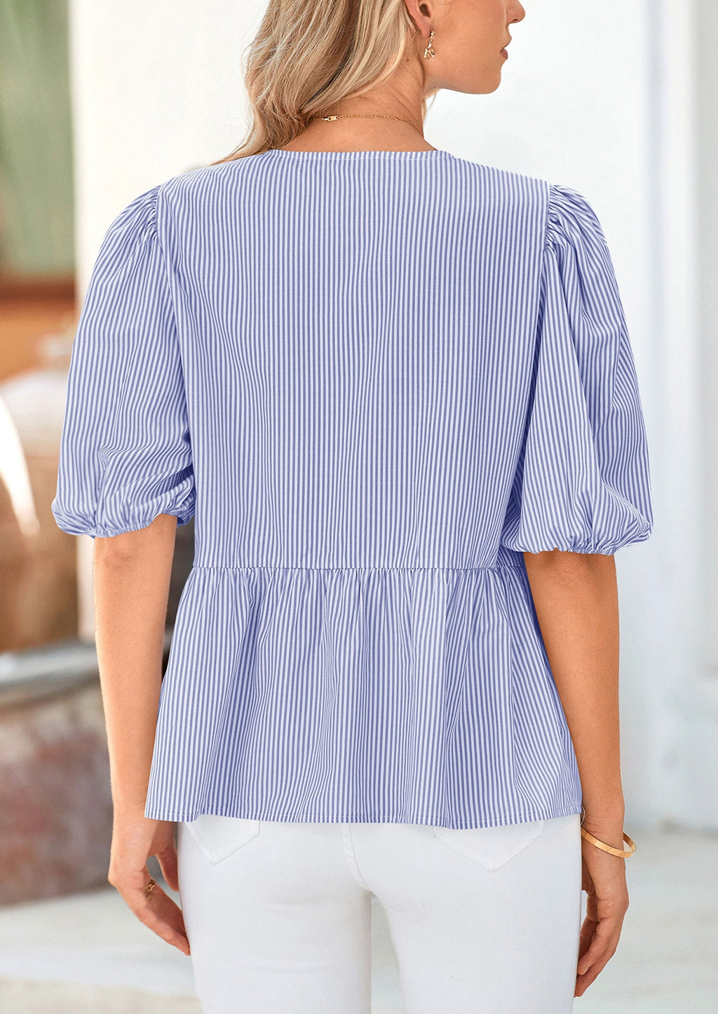 Women's Tie Front Striped Shirt Summer Trendy Fashion Cute Babydoll Tops Peplum Puffy Sleeve Blouse