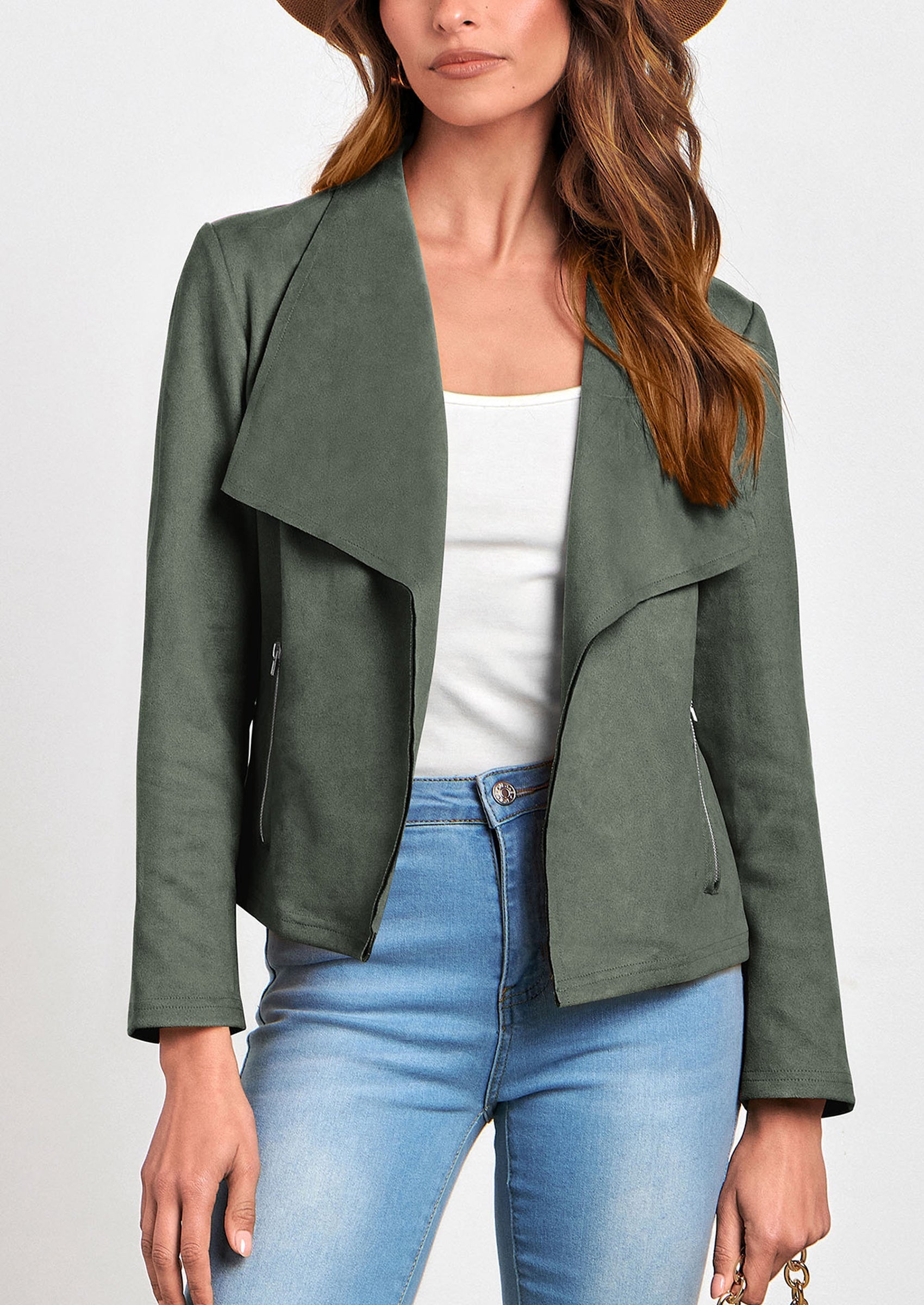 Women's Faux Suede Jackets Fashion Fall Clothes Long Sleeve Open Front Cropped Coat Outwear