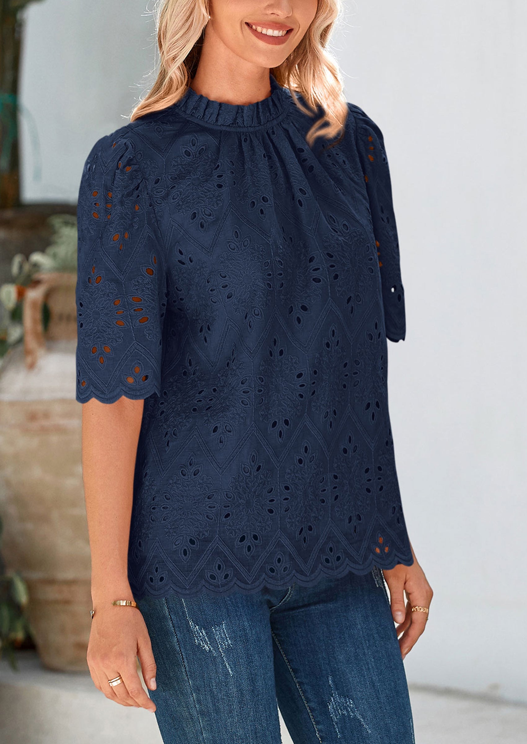 Womens Summer Tops Trendy Short Sleeve Eyelet Embroidered Dressy Casual Blouse Shirts