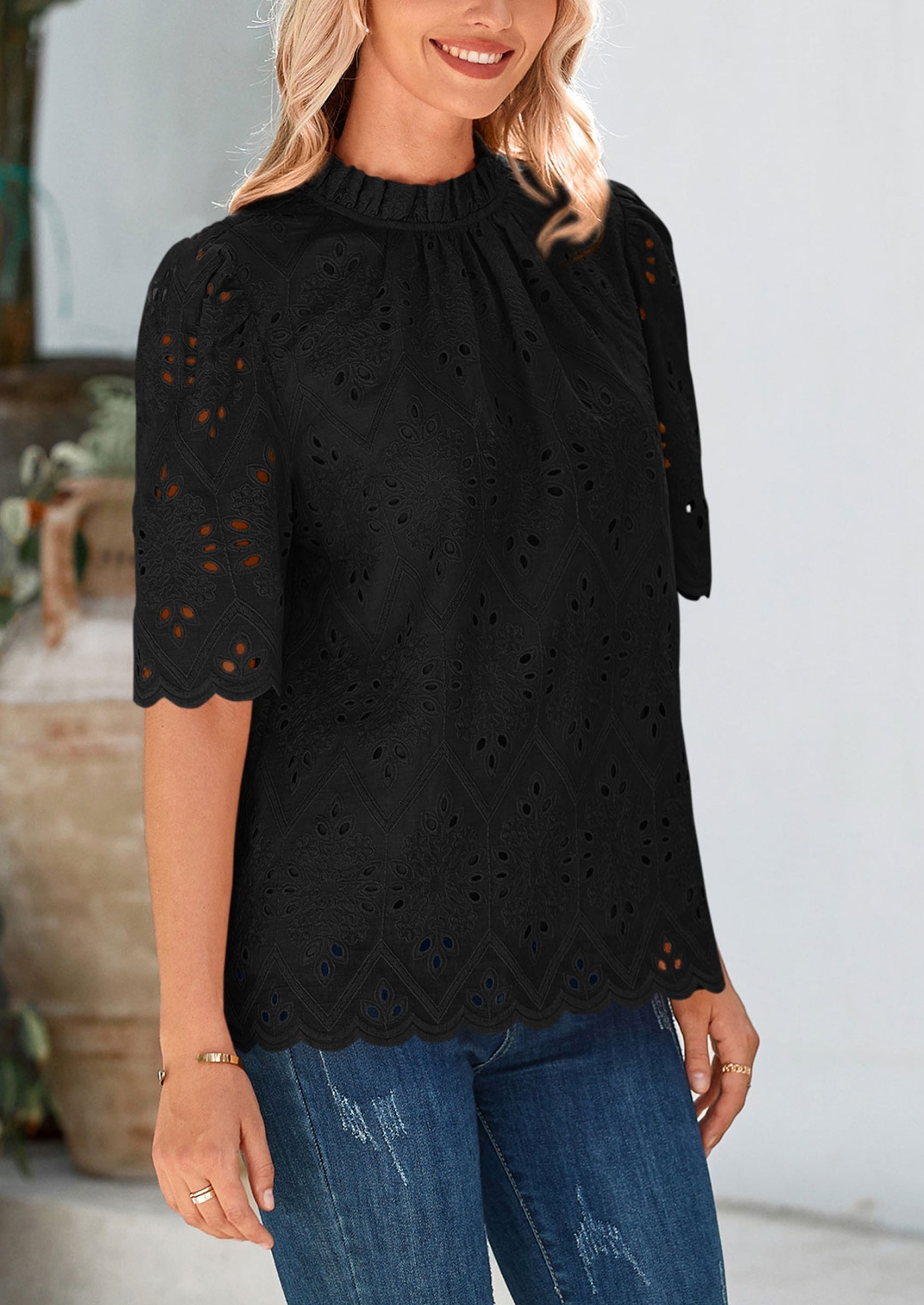 Womens Summer Tops Trendy Short Sleeve Eyelet Embroidered Dressy Casual Blouse Shirts
