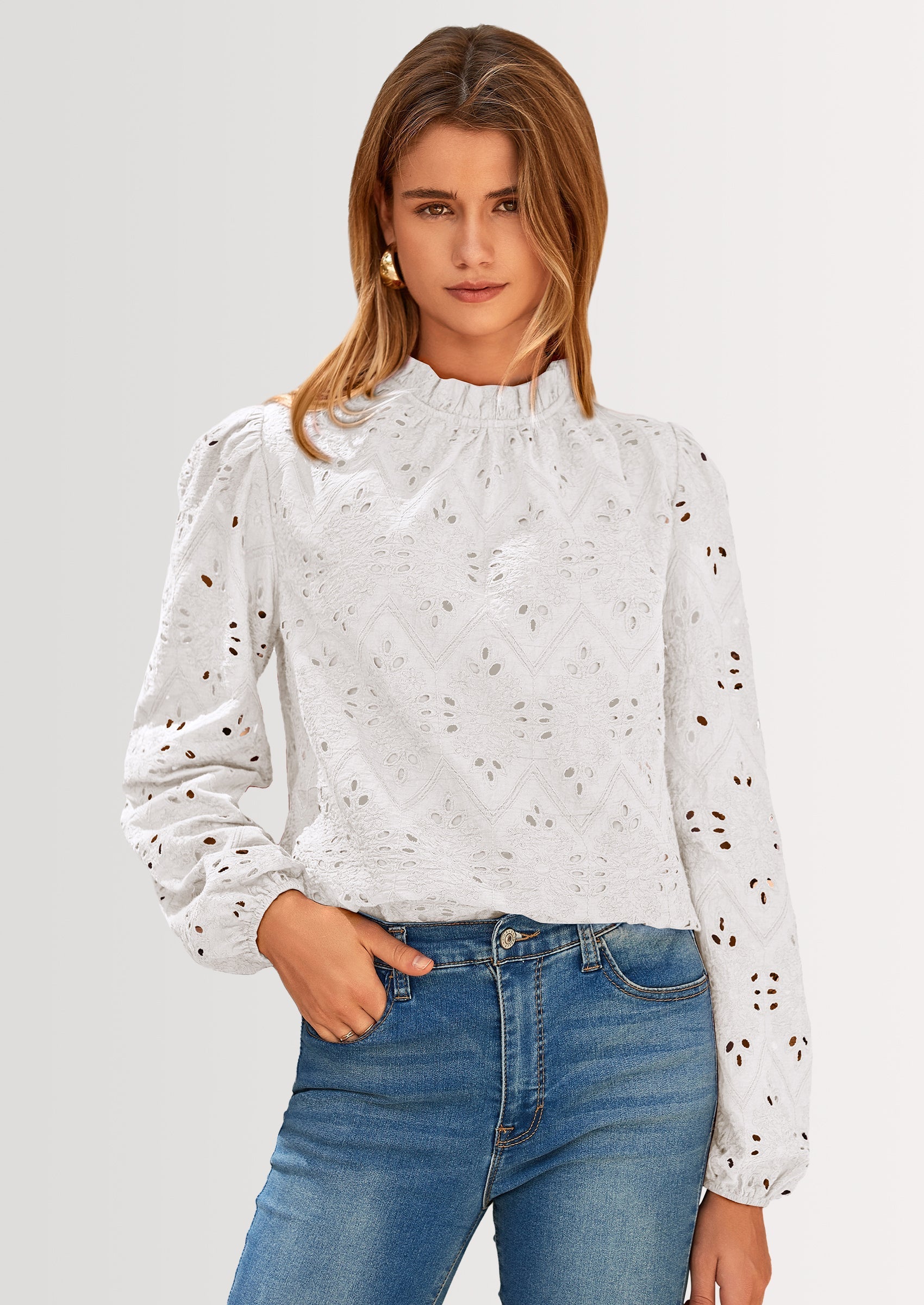 Womens Tops Dressy Casual Spring Long Sleeve Shirts Embroidered Eyelet Blouses Going Out Outfits