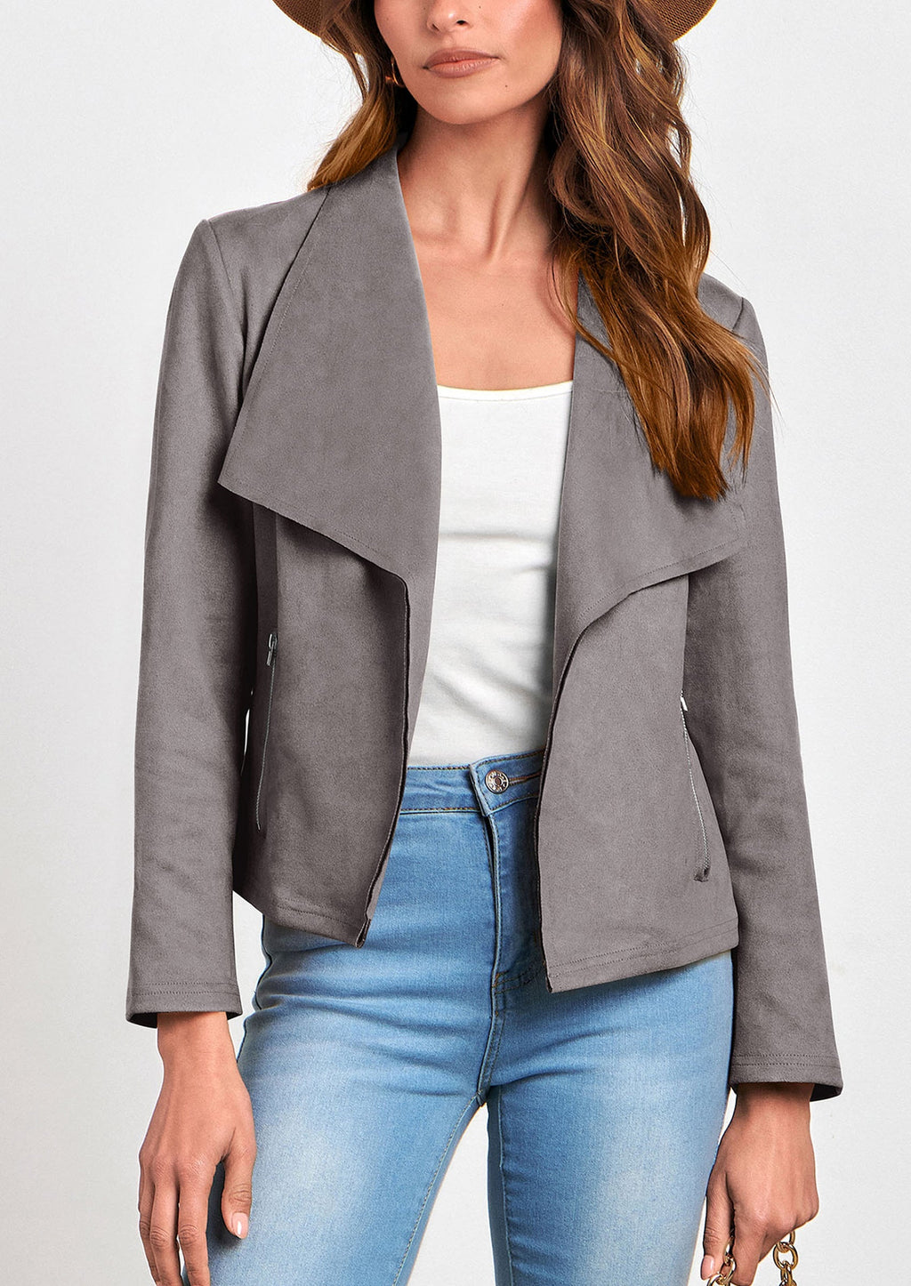 Women's Faux Suede Jackets Fashion Fall Clothes Long Sleeve Open Front Cropped Coat Outwear