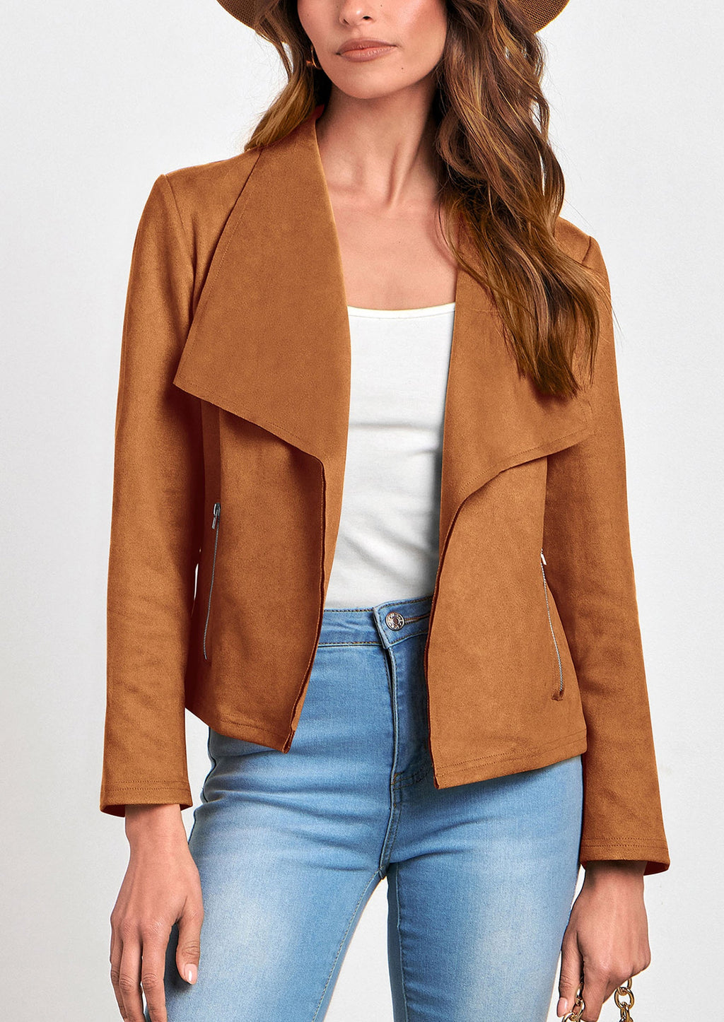 Women's Faux Suede Jackets Fashion Fall Clothes Long Sleeve Open Front Cropped Coat Outwear