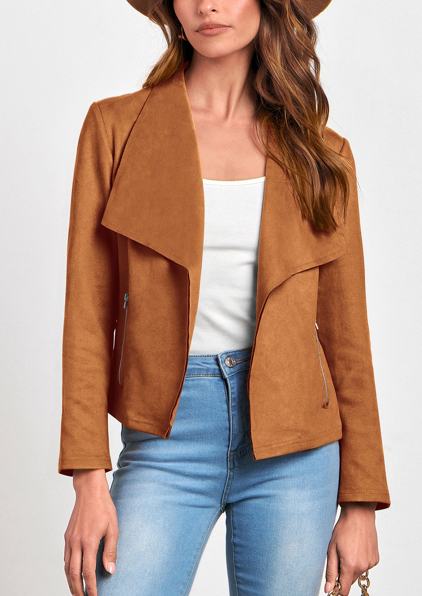 Women's Faux Suede Jackets Fashion Fall Clothes Long Sleeve Open Front Cropped Coat Outwear